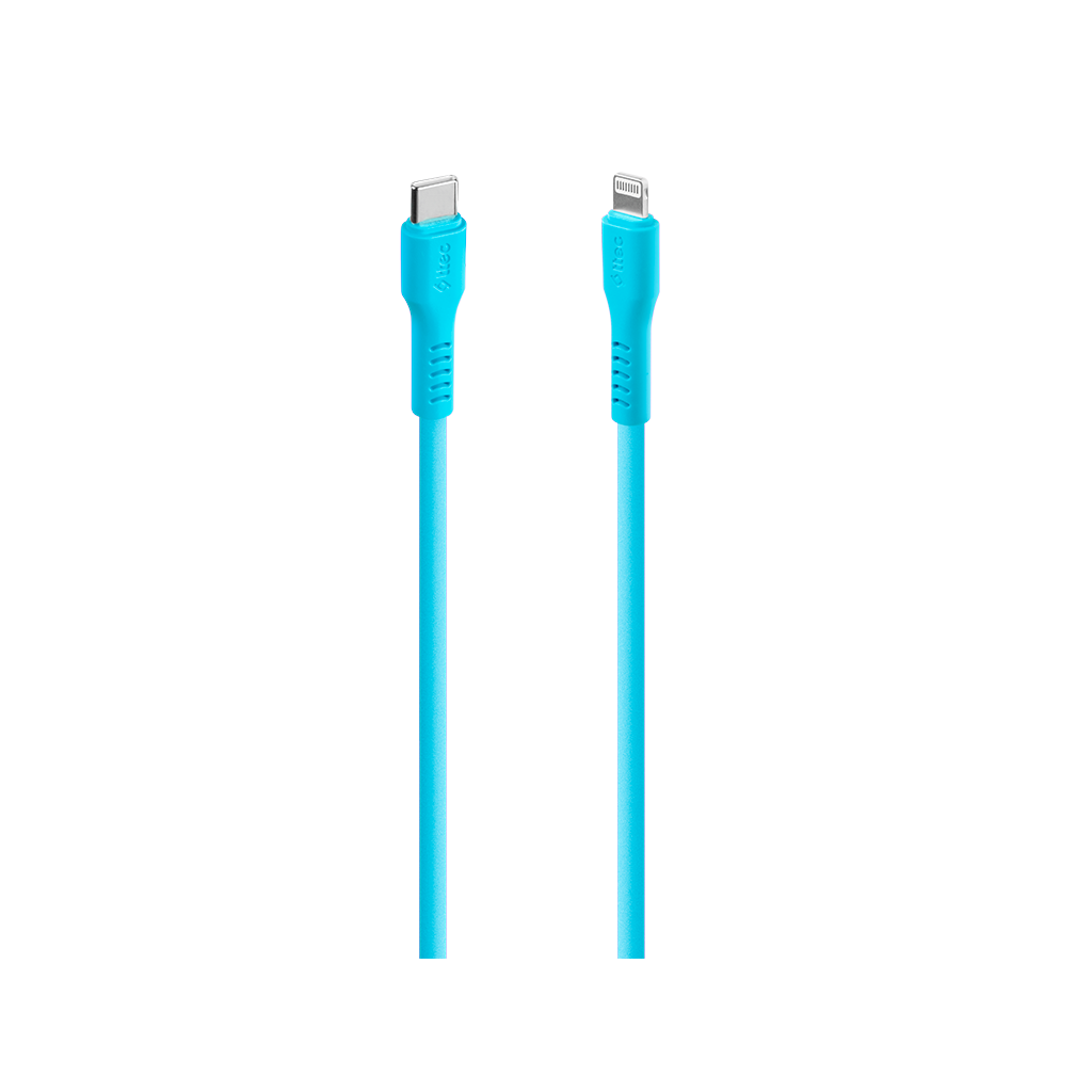 Bir USB-C ve bir yıldırım konektörlü iki parlak mavi USB kablosu.