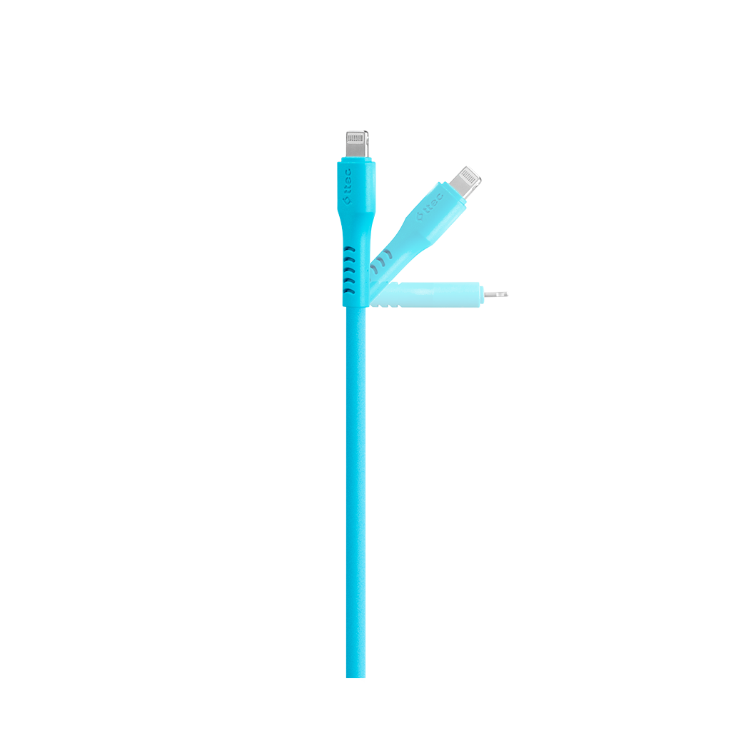 Lightning ve USB konektörlü mavi şarj kablosu.