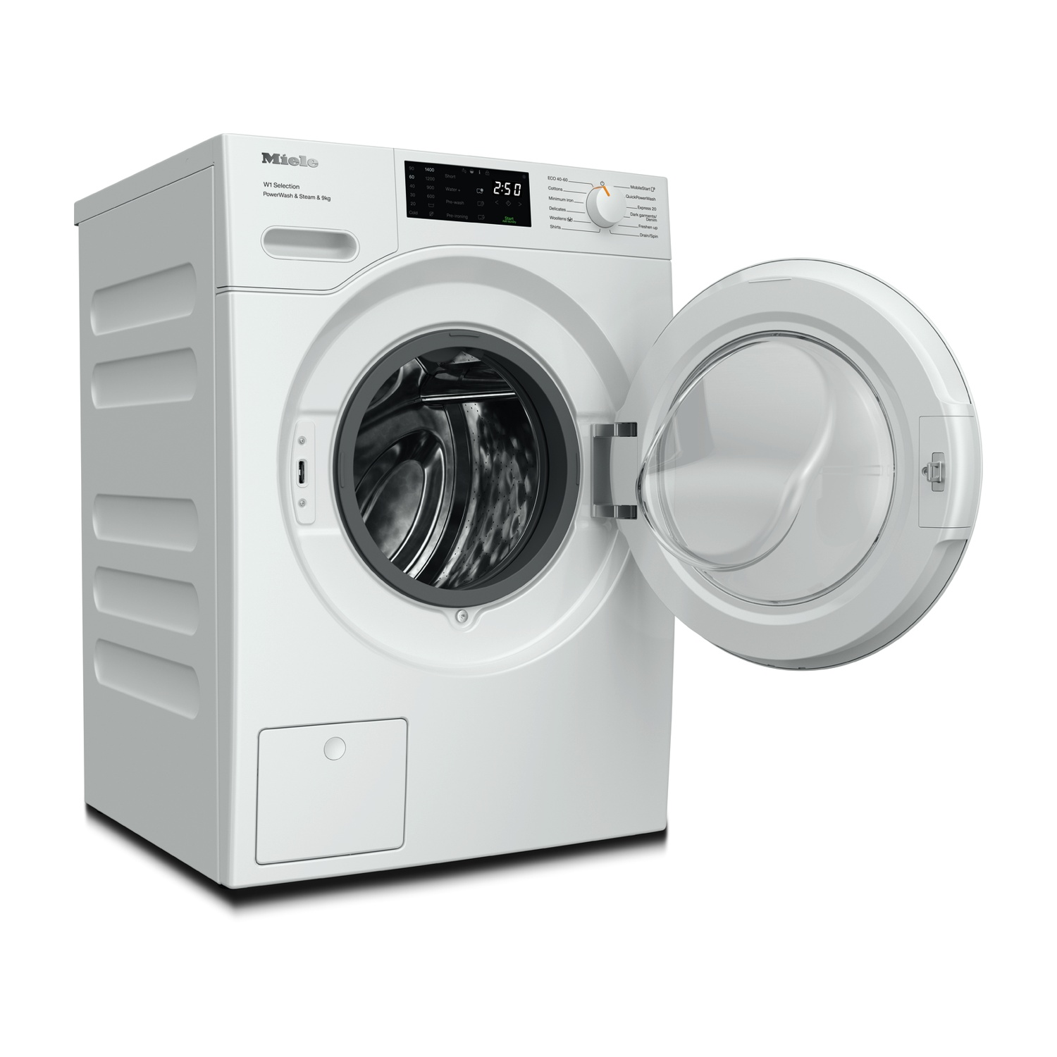 Una lavatrice Miele bianca con la porta aperta, che mostra l'interno.
