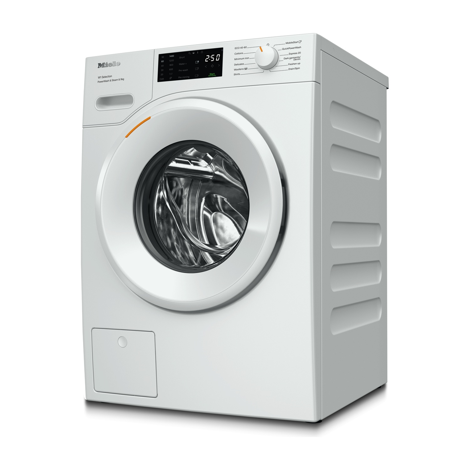 Lavatrice bianca. La macchina ha una porta e un pannello di controllo. Sfondo bianco.