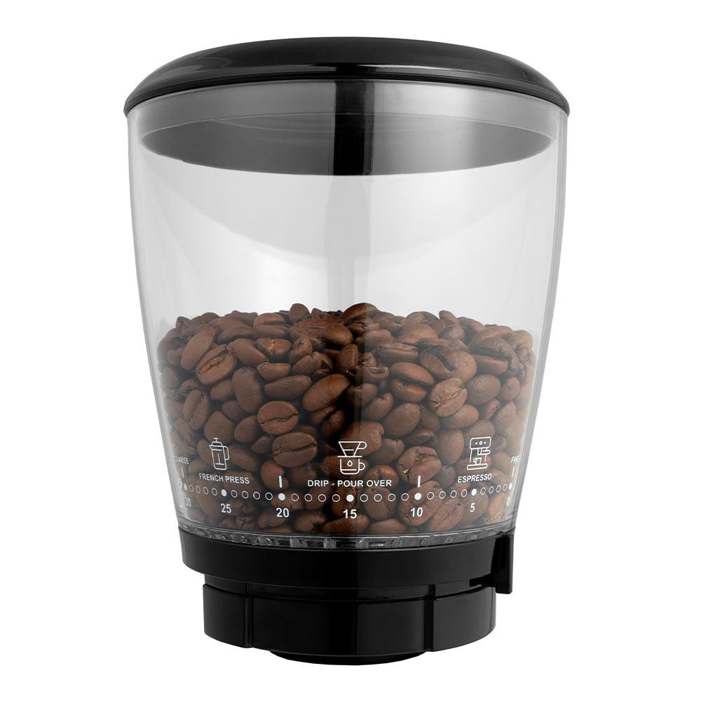 Kaffeebohnenbehälter mit schwarzem Deckel und Boden, verschiedene Mahleinstellungen.
