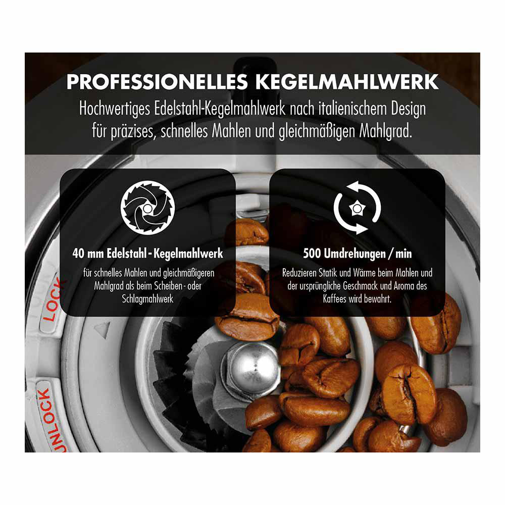 Nahaufnahme einer Kaffeemühle mit Textbeschreibungen.