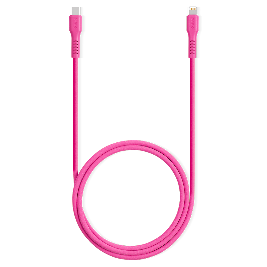 USB-C ve Lightning konektörlü parlak pembe bir şarj kablosu. Kablo kıvrılmış durumda.