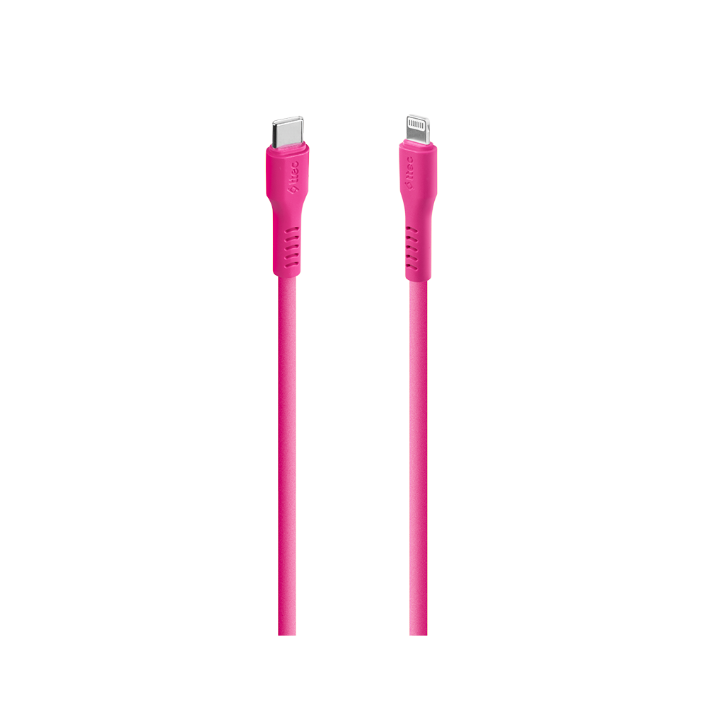 USB-C ve Lightning konnektörlü pembe şarj kabloları.