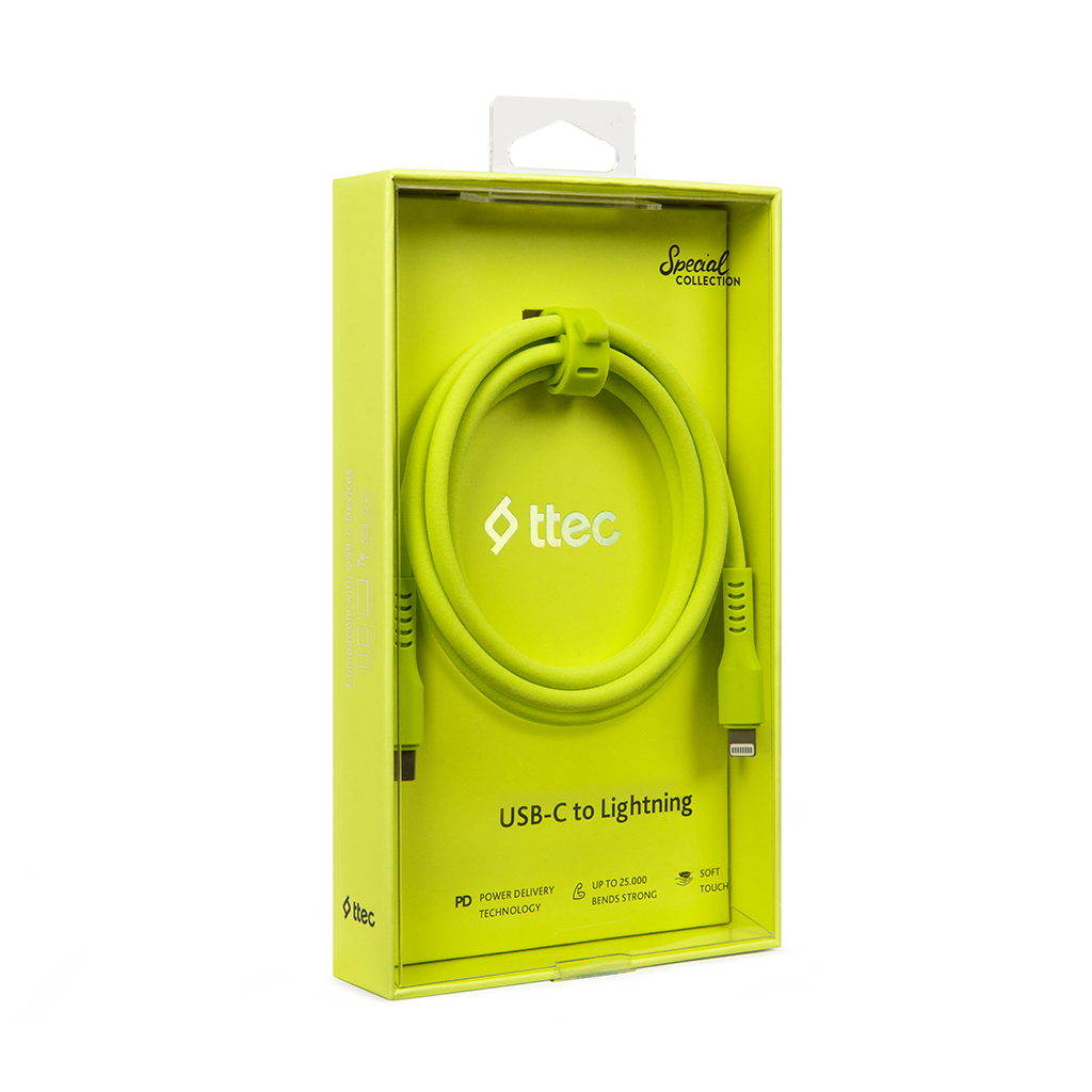 Ttec logosu ile yeşil bir kutuda yeşil USB-C - Lightning kablosu.