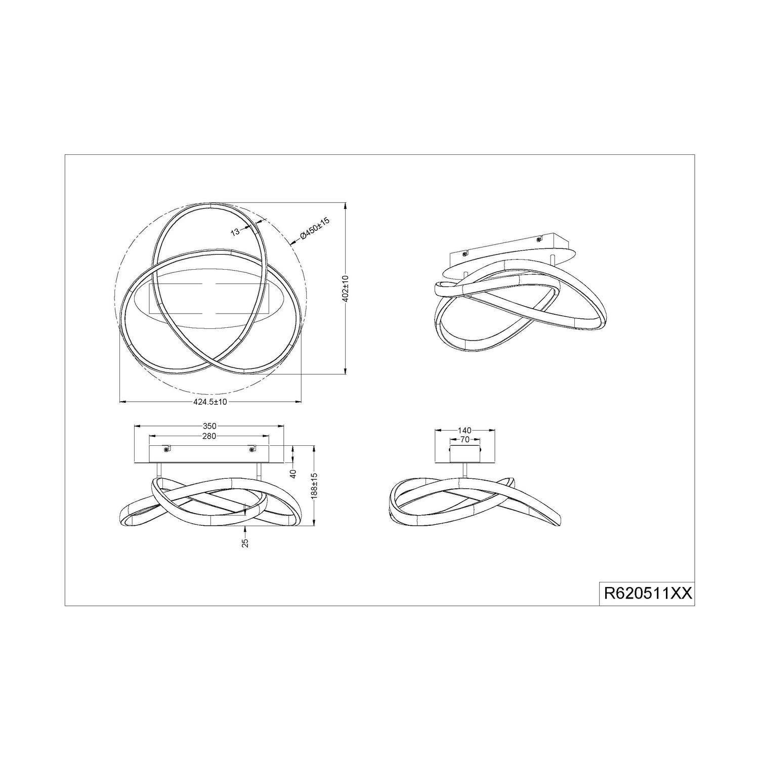 Disegno tecnico di lampada ad anello con dimensioni. Linee bianche.