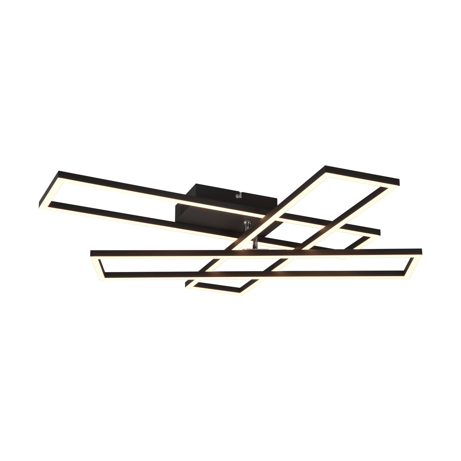 Lampada da soffitto moderna con forme rettangolari e luci a LED. La lampada è nera e ha uno sfondo bianco.