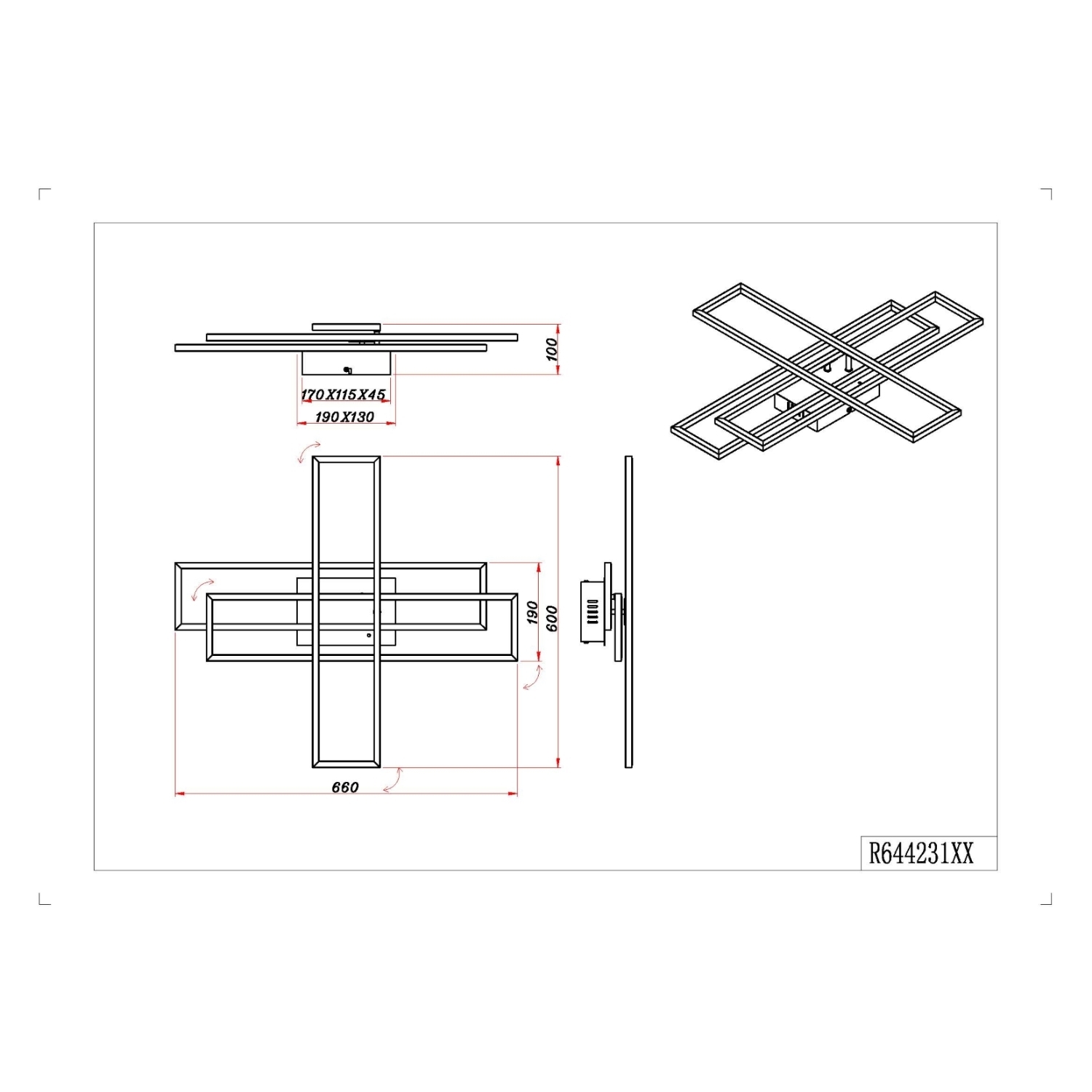 Disegno tecnico di una lampada moderna, con dimensioni e viste da diverse angolazioni.