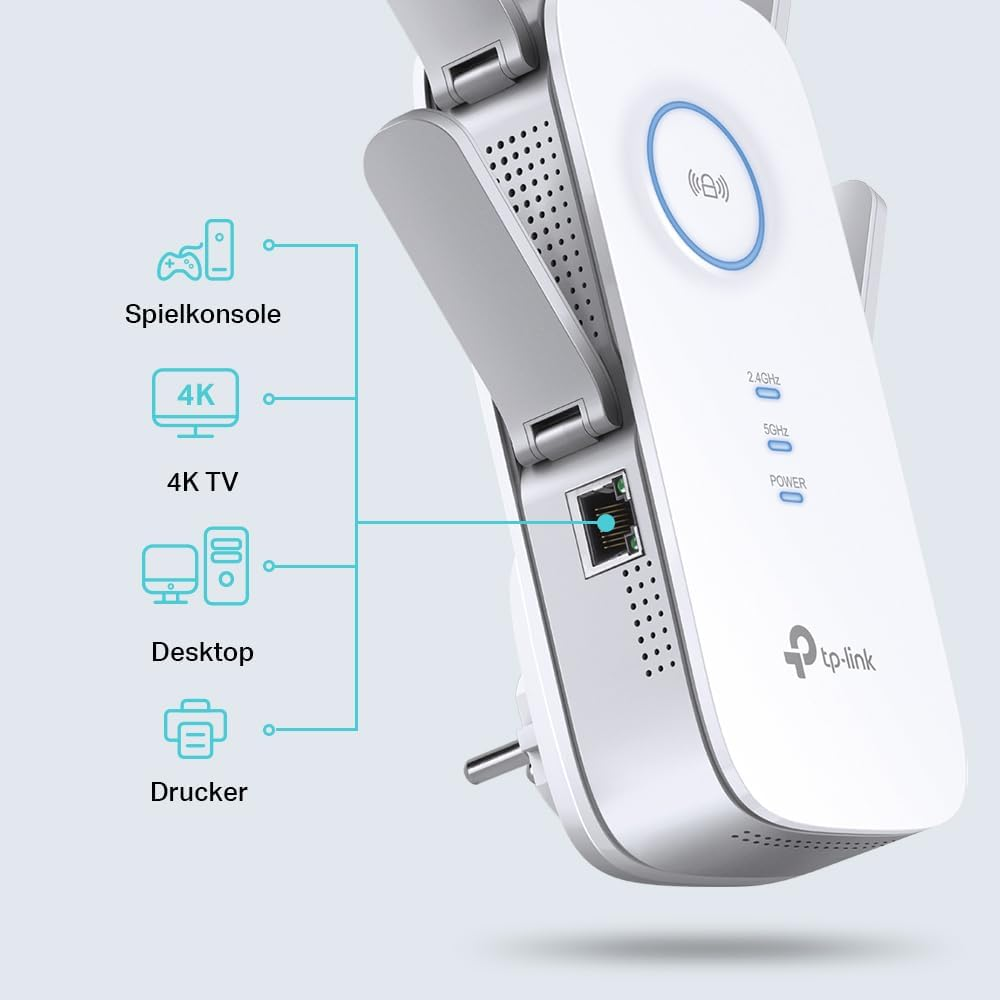 Weißer WLAN-Repeater mit Beschriftungen und Anschlüssen.