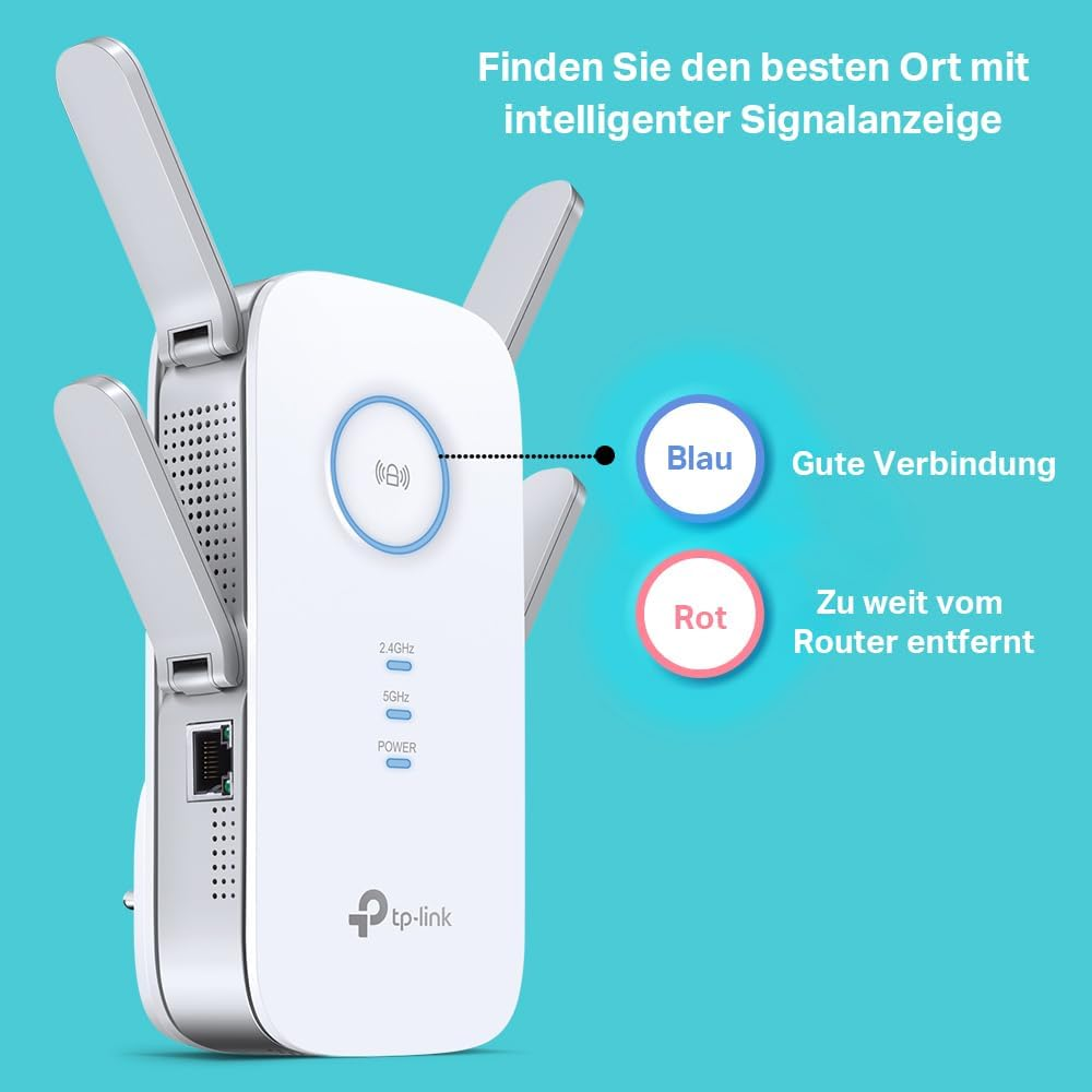 Weißer WLAN-Repeater mit Antennen, Text, der die Bedeutung von blauem und rotem Licht anzeigt, auf hellblauem Hintergrund.