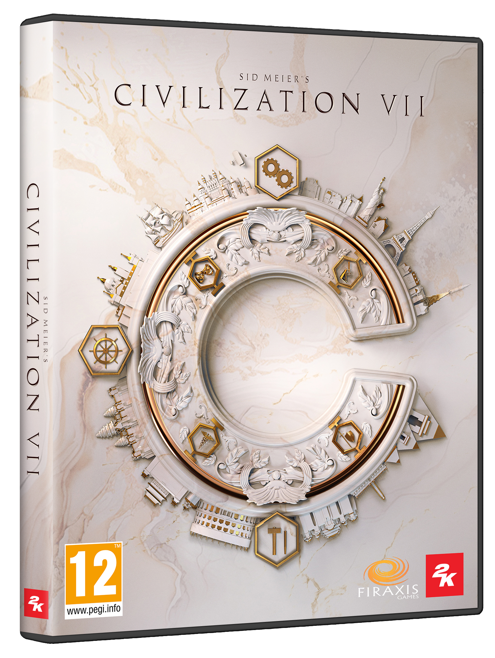 Sid Meier's Civilization VII oyun kutusu kapağı. Dairesel tasarım ve oyun adı.