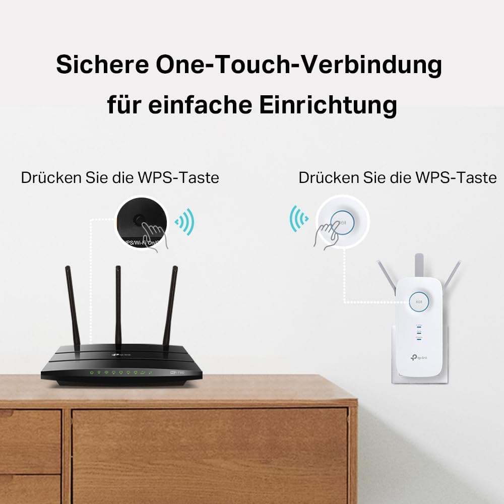 Diagramm: One-Touch-Verbindung. Router neben Extender, um sich mit WLAN zu verbinden.