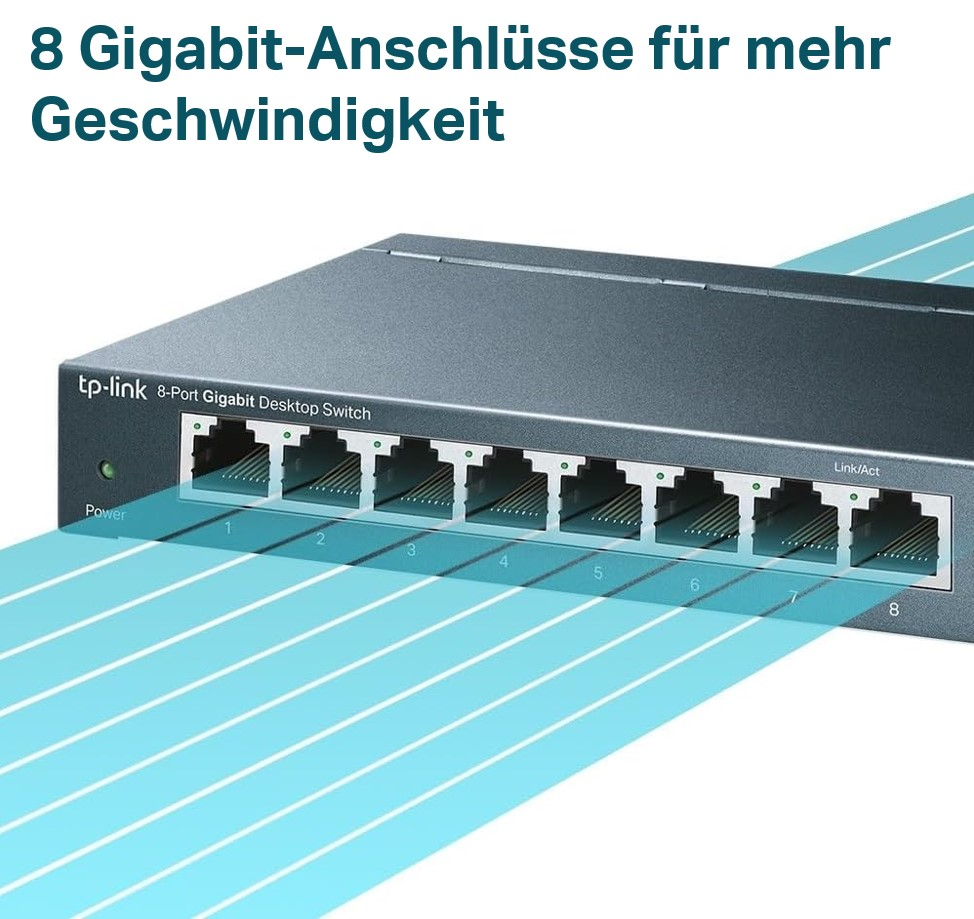 Netzwerk-Switch mit 8 Gigabit-Ports und blauen Linien, weißer Hintergrund.