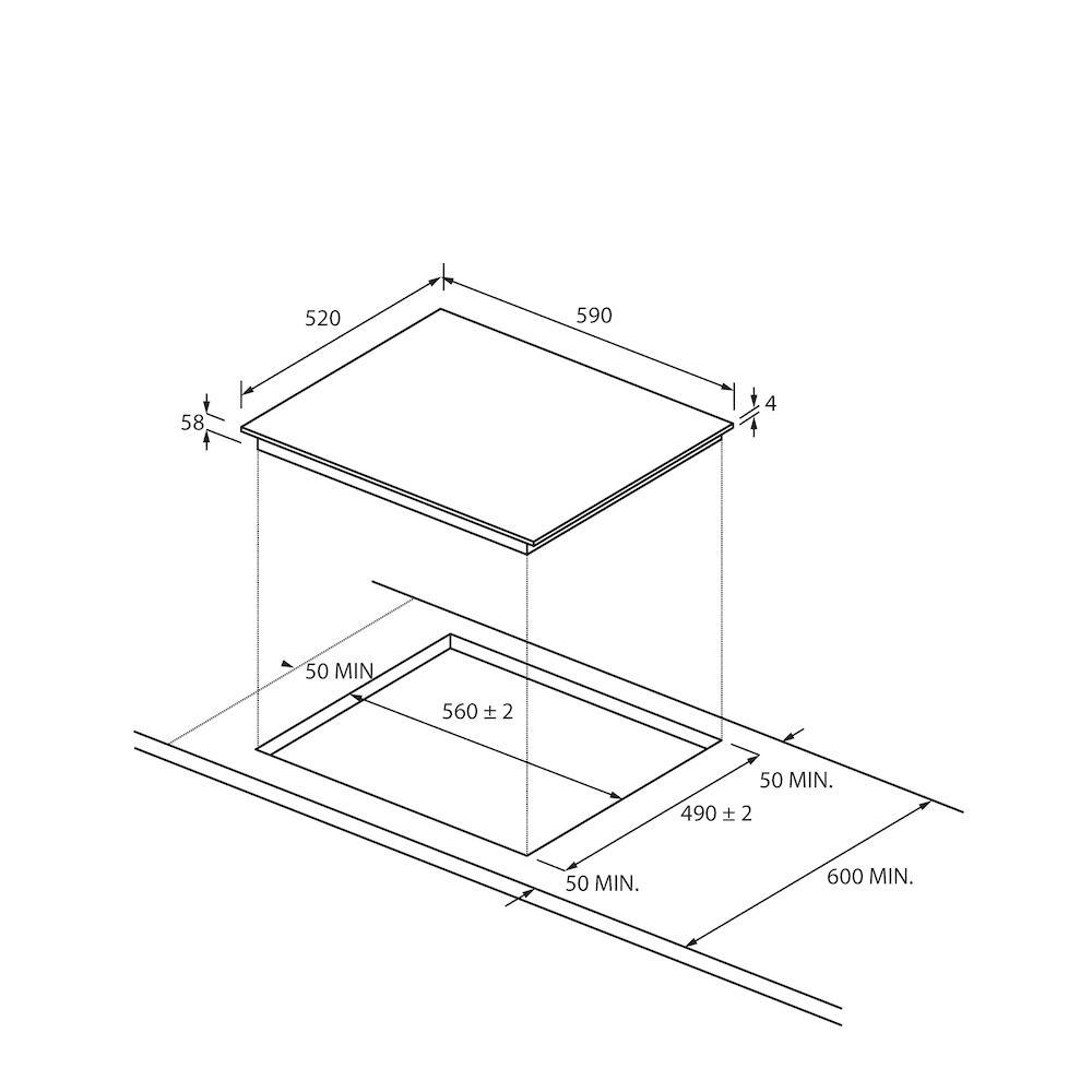 Diagramm eines Kochfelds mit Abmessungen. Oben rechteckig, unten offenes Rechteck. Maße in Millimetern.