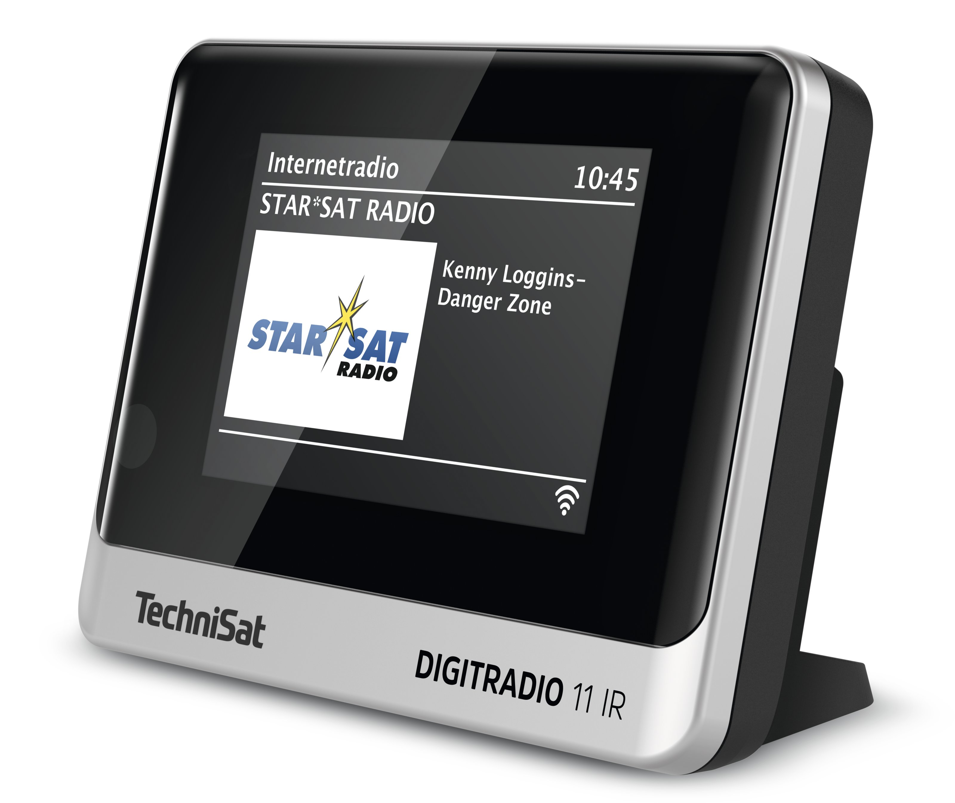 Digitradio 11 IR, czarne i srebrne radio internetowe, wyświetlające informacje.