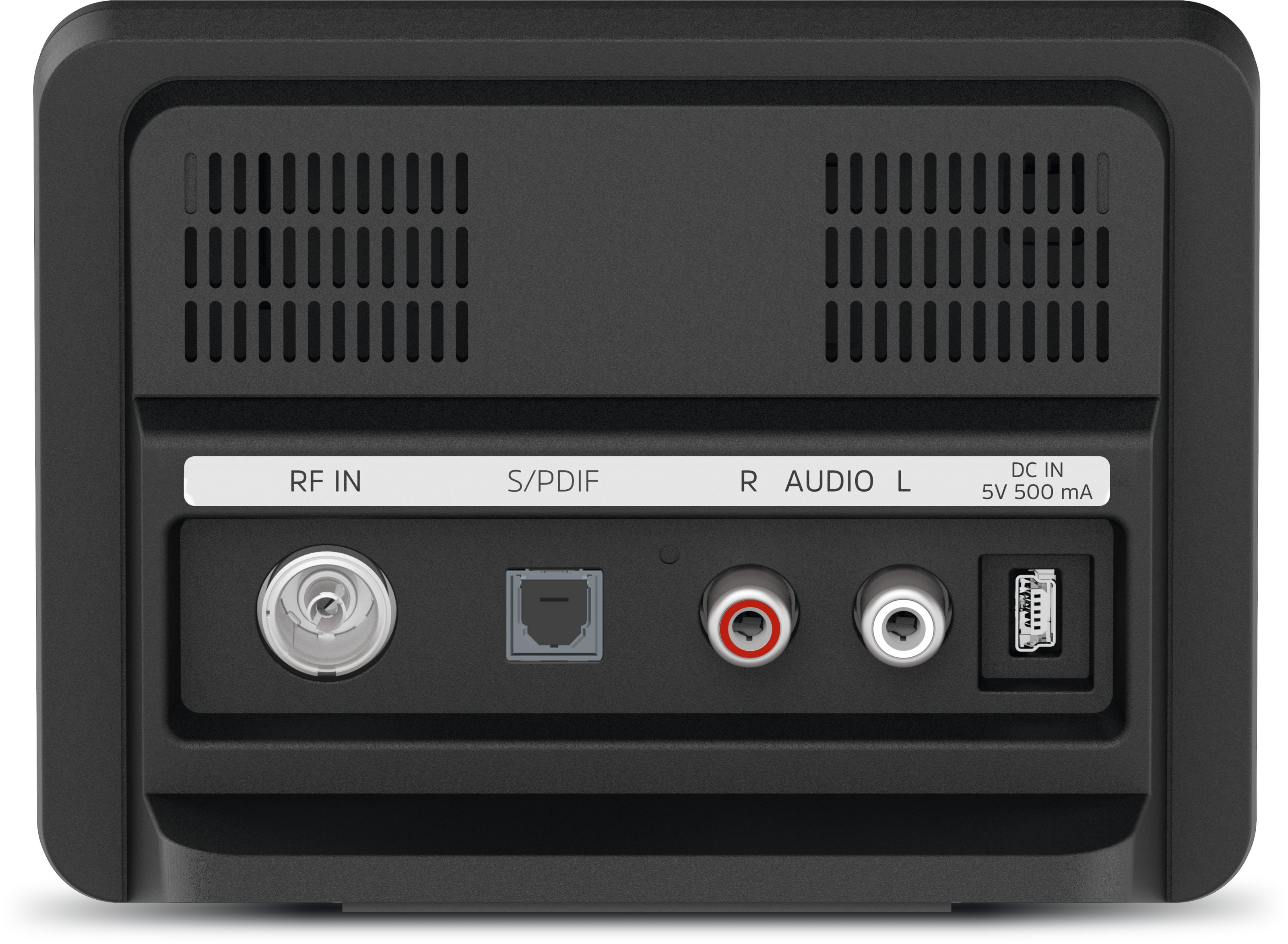 Widok z tyłu czarnego urządzenia z portami. RF IN, S/PDIF, R AUDIO L i DC IN. Otwory wentylacyjne.