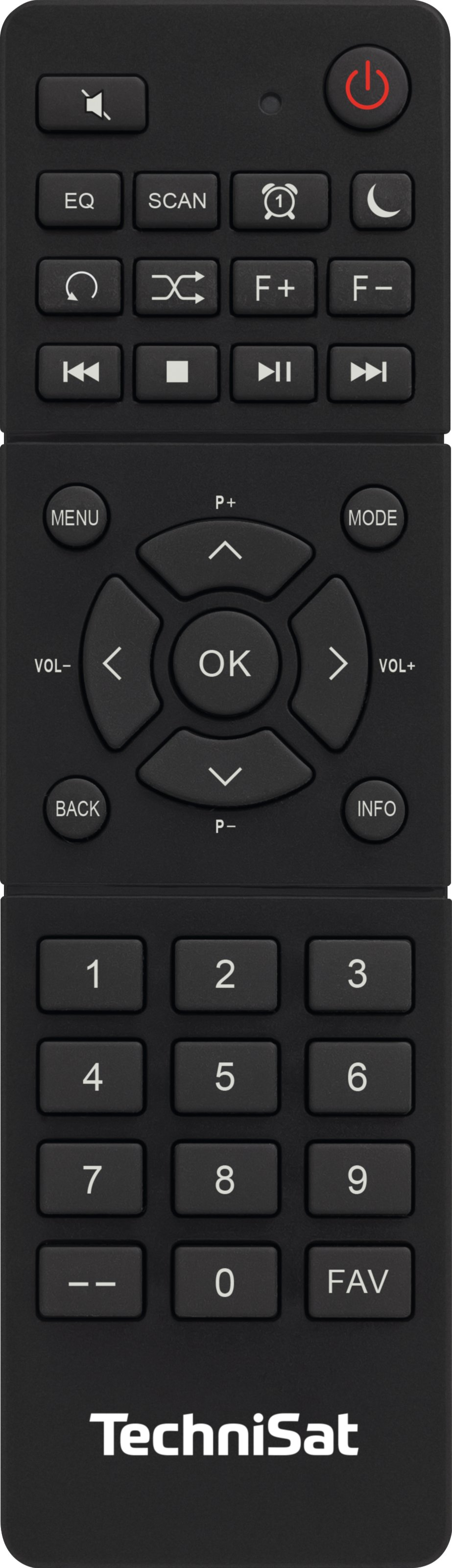 Czarny pilot TechniSat z przyciskami do różnych funkcji, w tym numery.