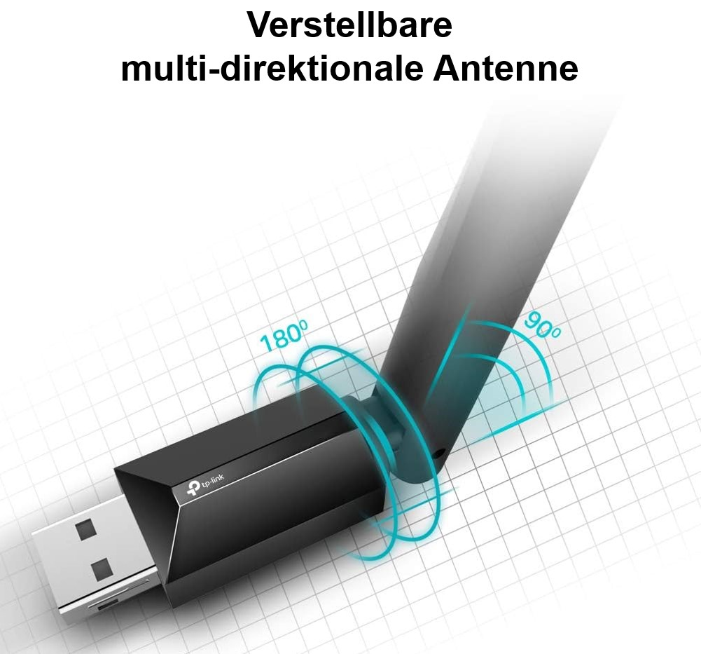 Ein schwarzer USB-WLAN-Adapter mit verstellbarer Antenne, die Winkel von 90 und 180 Grad zeigt.