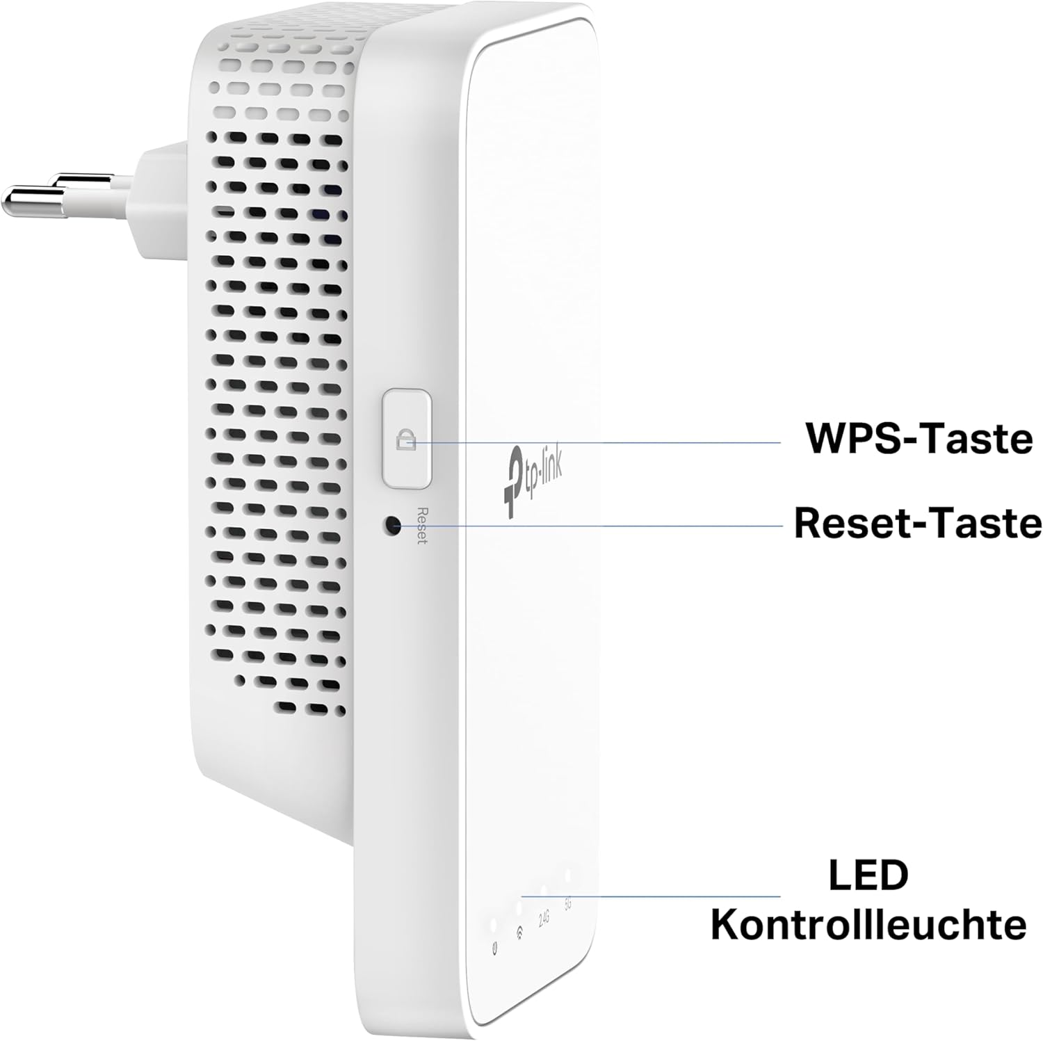 Ein weißes Gerät mit WPS- und Reset-Tasten. Es hat eine LED-Kontrollleuchte und einen Stecker am Ende.