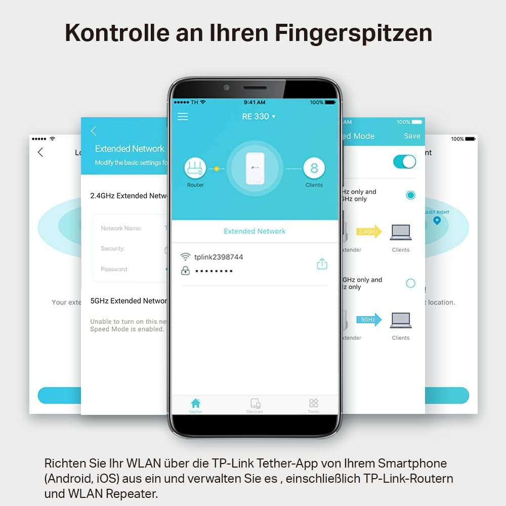 Ein Smartphone, das eine Netzwerkverwaltungs-App zeigt. Oben steht: 'Kontrolle an Ihren Fingerspitzen'.
