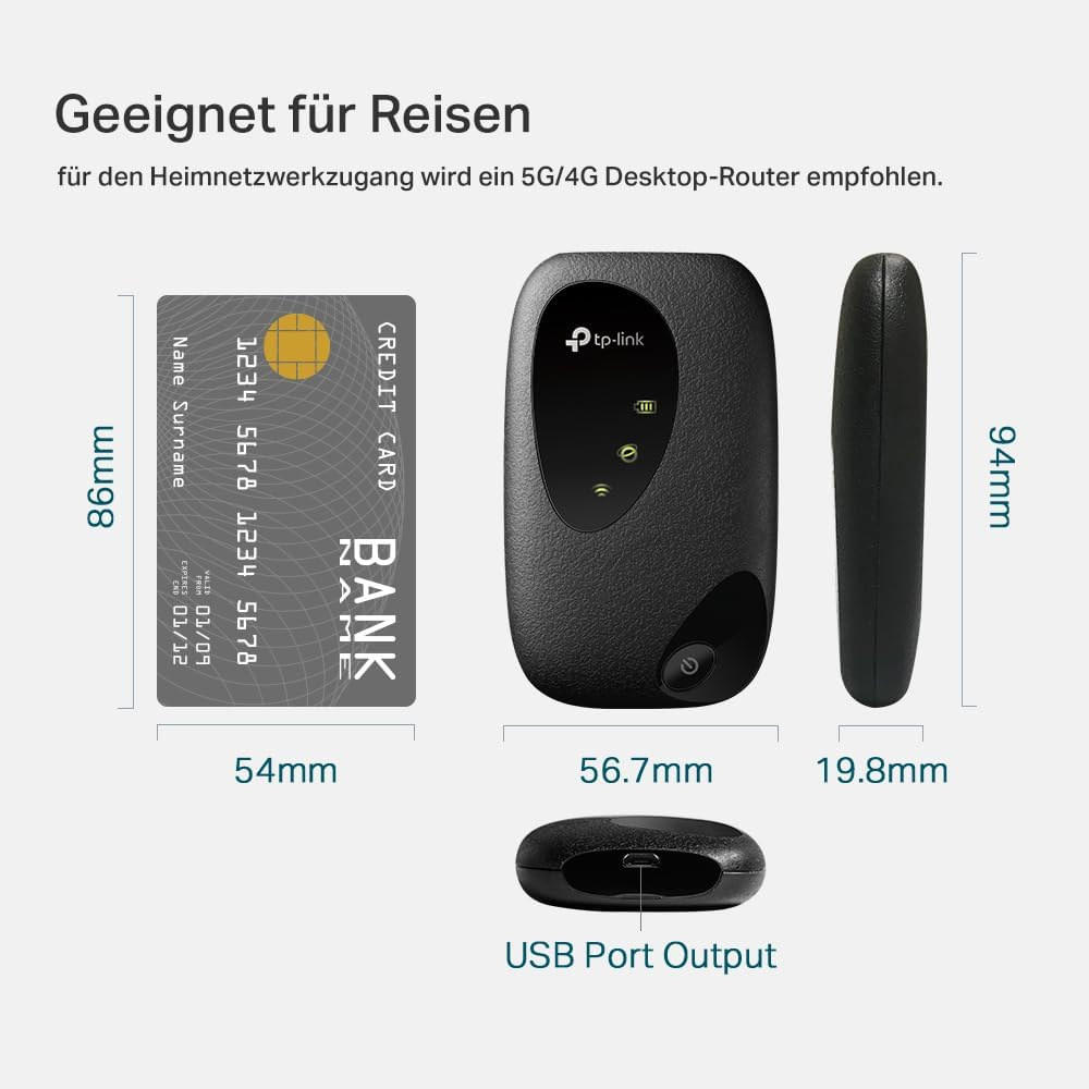 Ein schwarzer Router und eine Kreditkarte mit Abmessungen. Der Router ist für 5G/4G-Heimnetzwerkzugang.