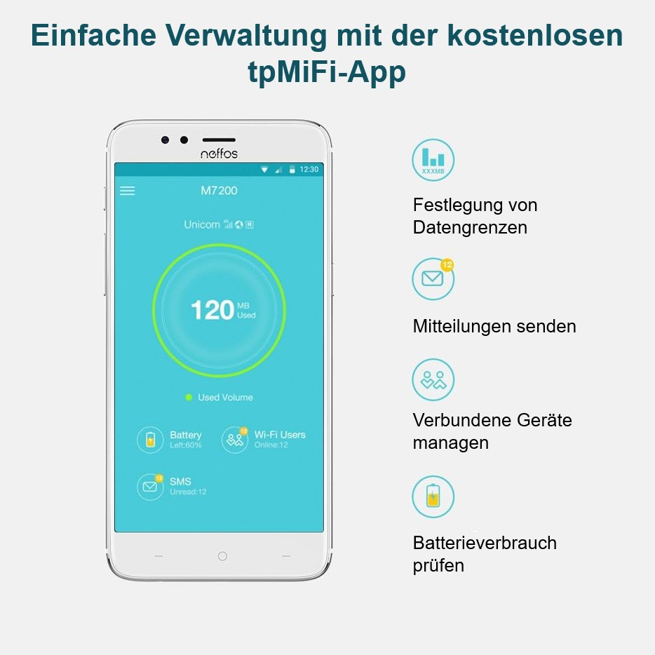 Smartphone-Bildschirm mit App, die Datennutzung und Optionen anzeigt.