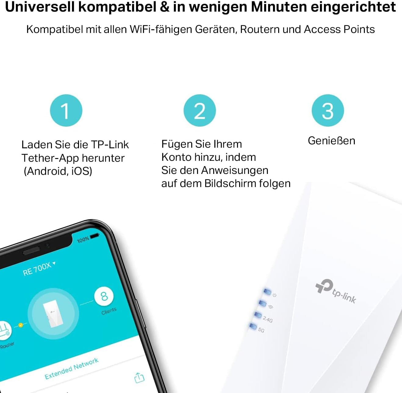 Ein Telefonbildschirm zeigt Anweisungen zur Verbindung mit einem Router, Text in Deutsch.