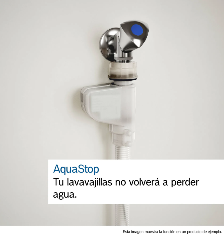 Dispositivo AquaStop en pared blanca, con texto sobre prevención de fugas.