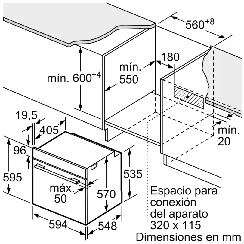 Dibujo técnico detallado de un horno empotrado, mostrando dimensiones.