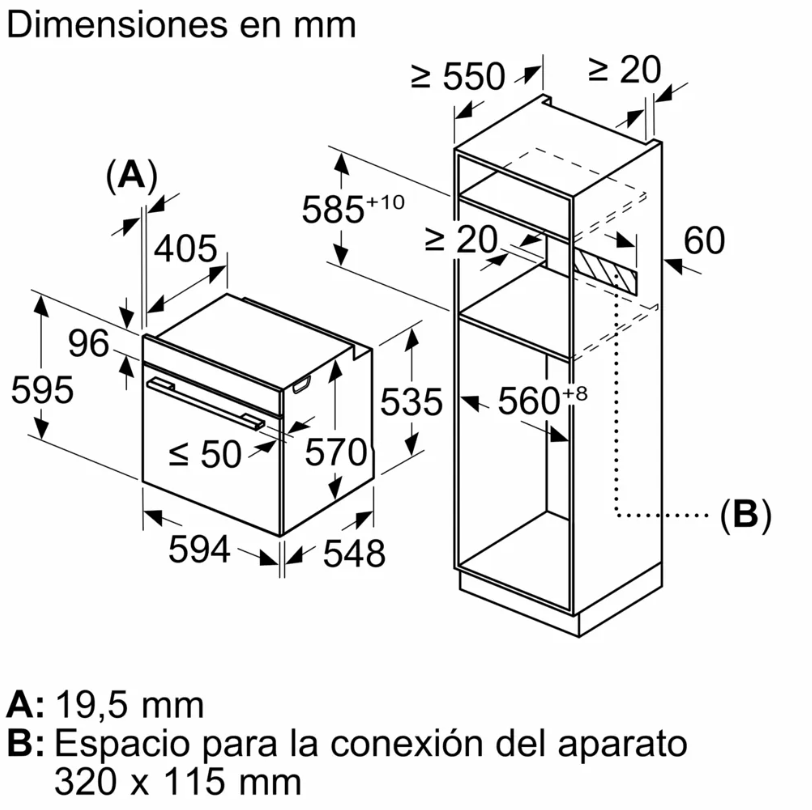 Dibujo técnico de horno empotrado. Dimensiones y detalles.