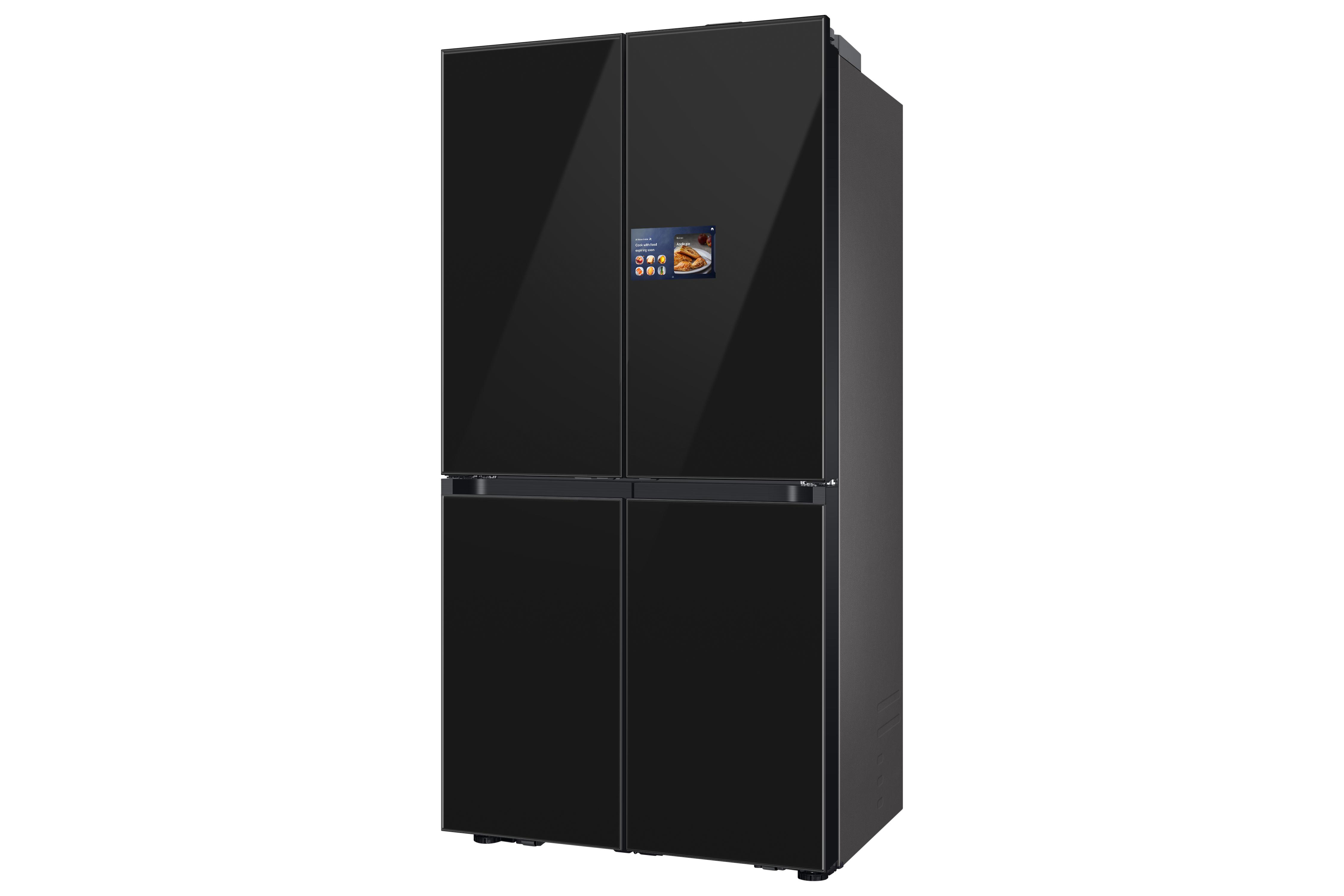 Schwarzer Vier-Türen-Kühlschrank. Mit Touch-Display und schlankem, modernem Design.