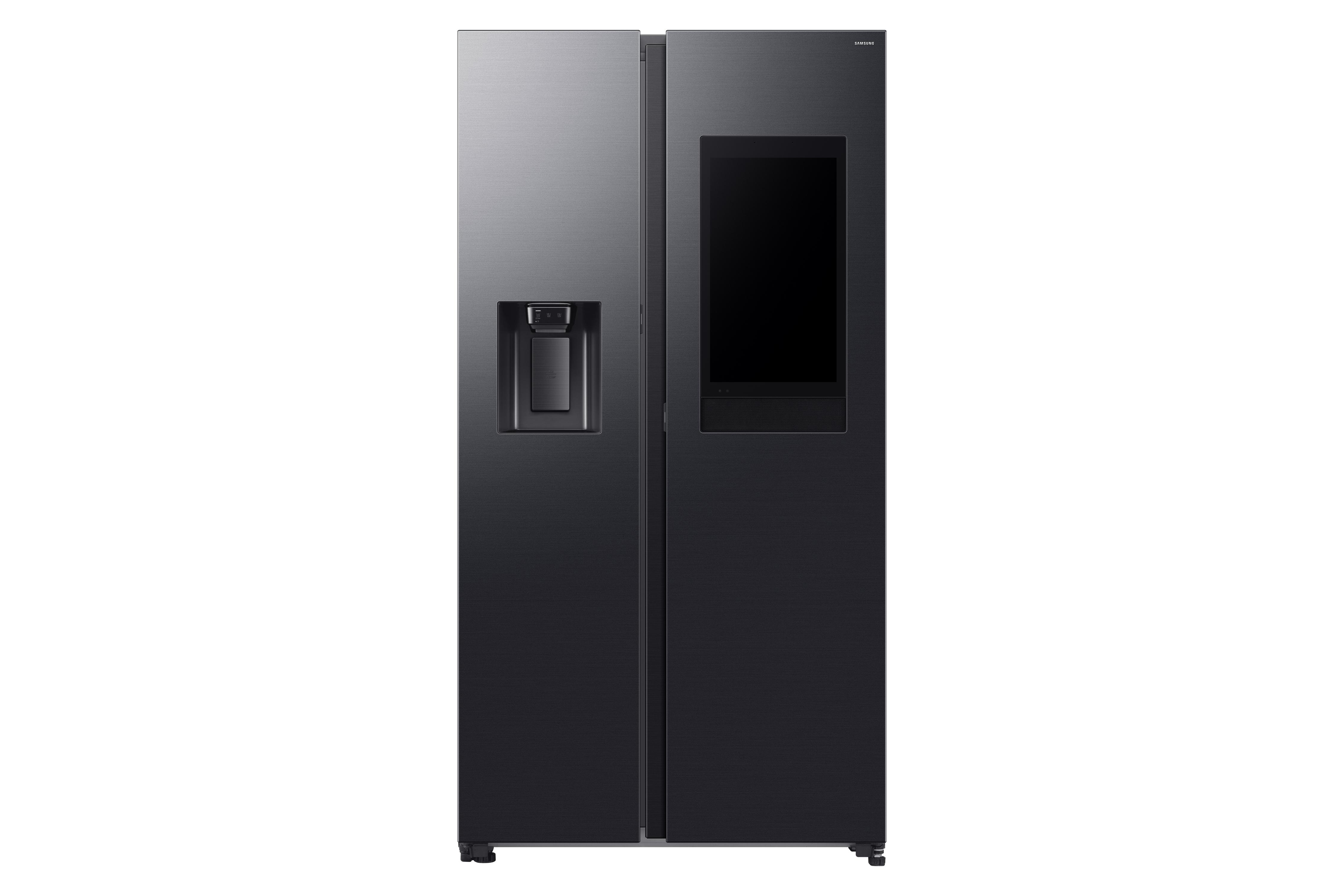 Ein schwarzer Samsung-Kühlschrank mit zwei Türen. Eine Tür hat ein Display und einen Eisspender.