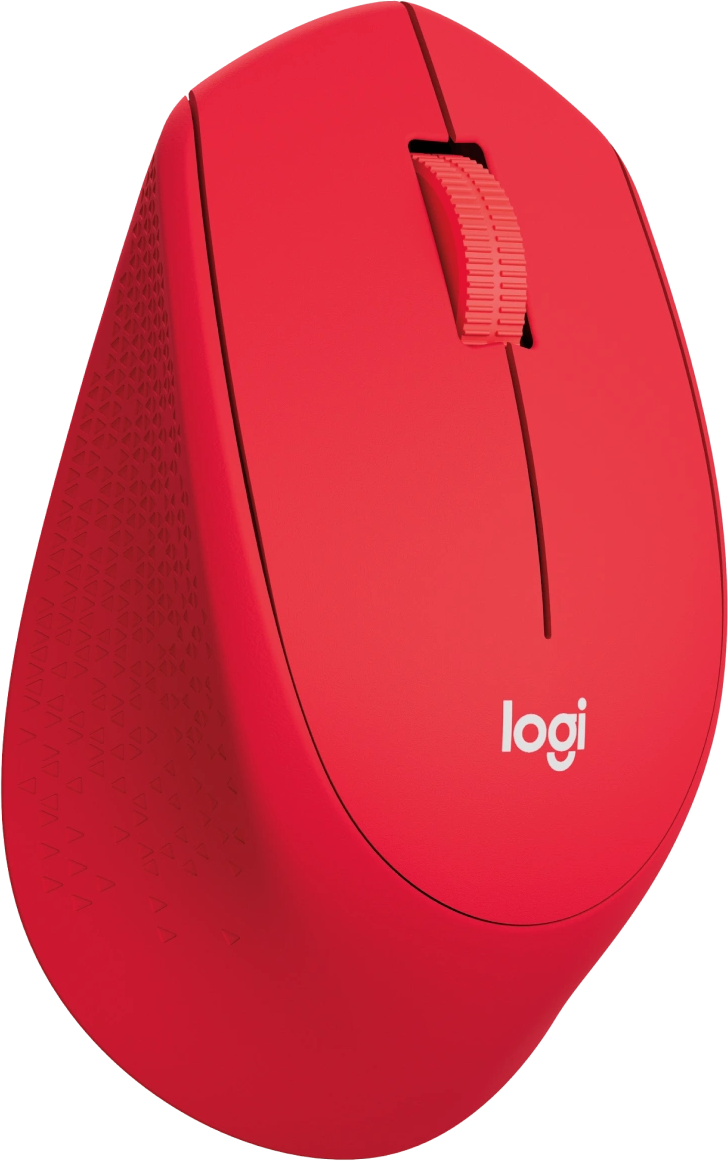 Piros Logitech egér. Görgetőkerékkel, két gombbal és a Logitech logóval.