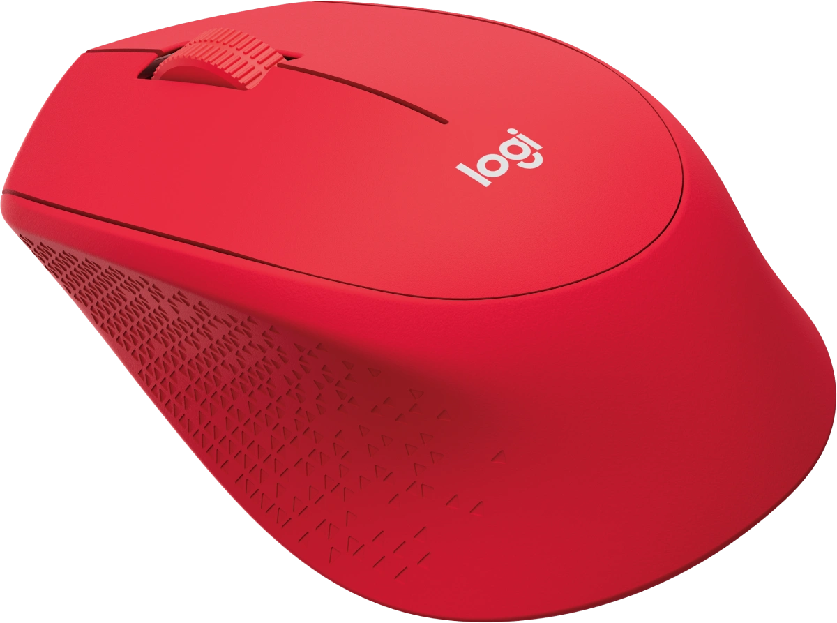 Piros Logitech egér. Oldalnézet, látható a görgetőkerék, két gomb és a Logitech logó.