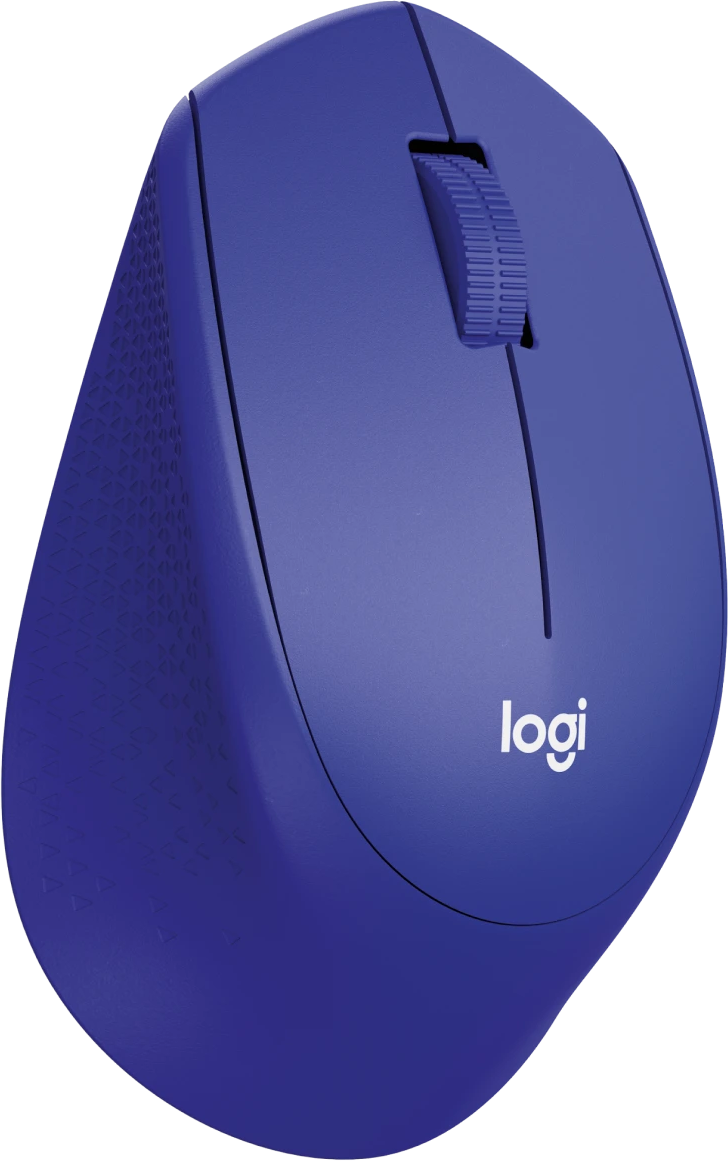 Egy kék Logitech egér görgővel és logóval fehér háttéren.