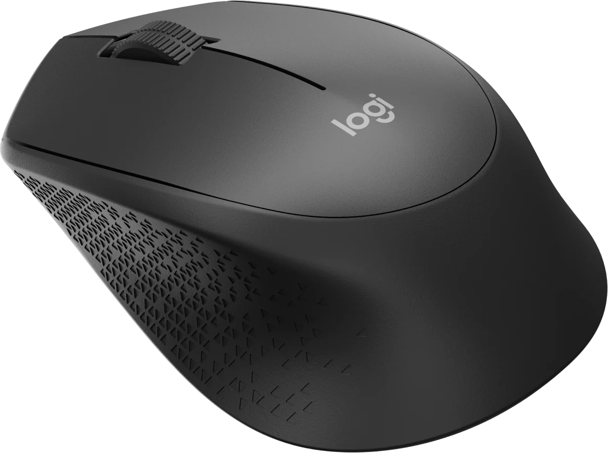 Fekete Logitech vezeték nélküli egér. Felülnézet a görgetőkerékkel és logóval. A szögletes oldalon texturált fogantyú található.