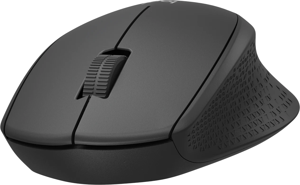 Fekete Logitech vezeték nélküli egér. Felülnézet a görgetőkerékkel. A szögletes oldalon texturált fogantyú található.