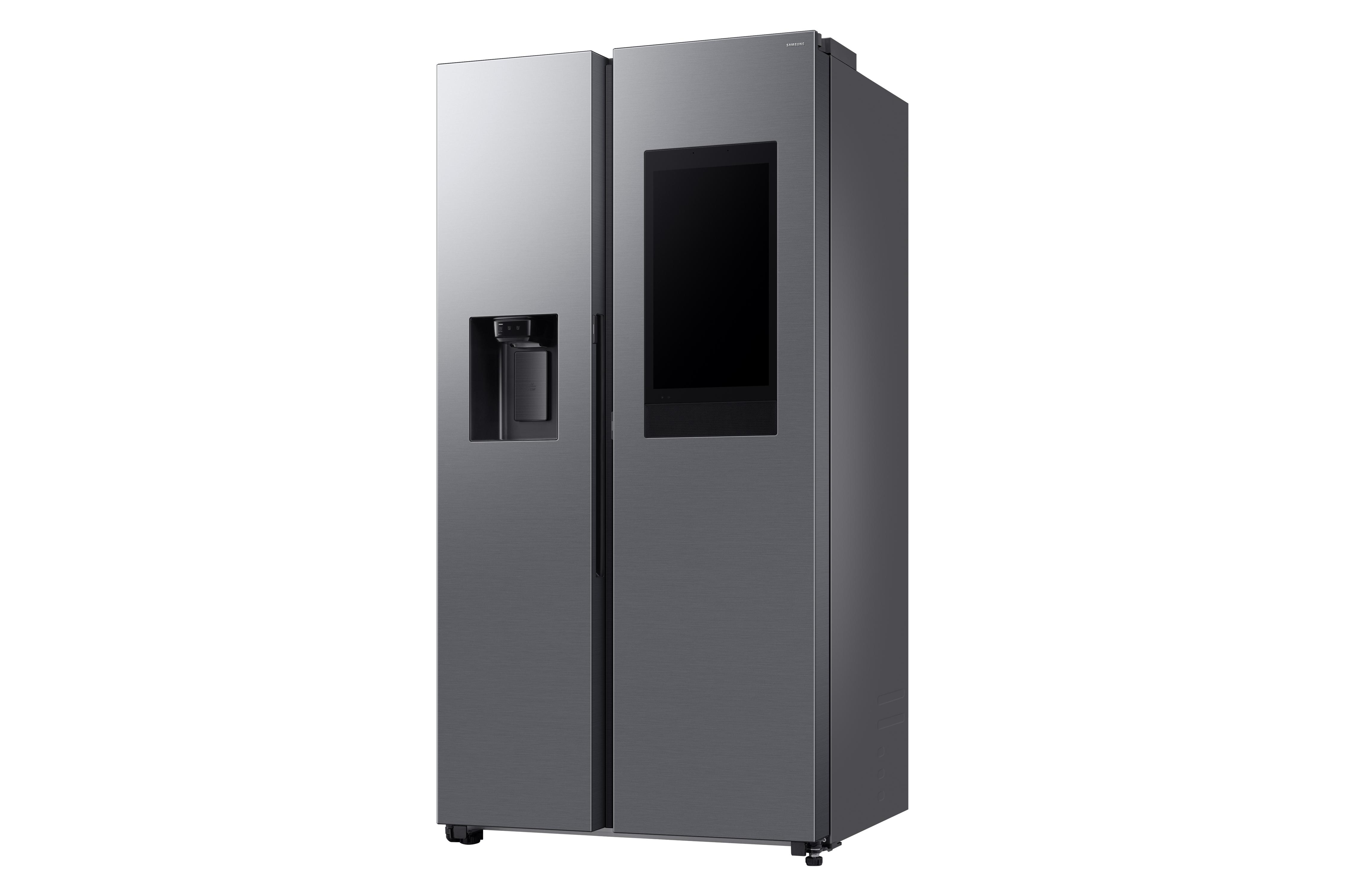 Dunkelgrauer Samsung Kühlschrank. Zwei Türen, Wasserspender und Touchscreen an der Tür.