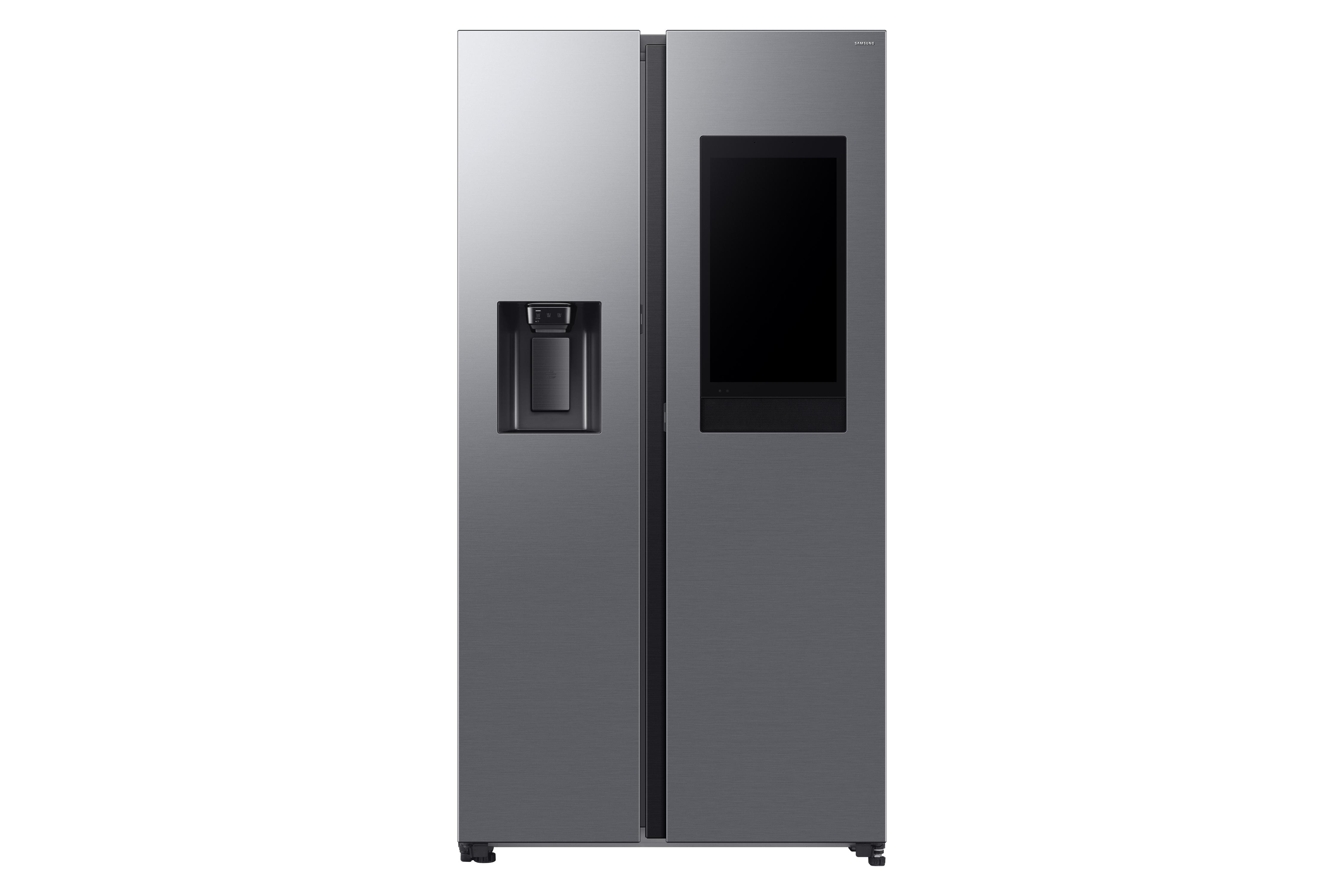 Ein Side-by-Side-Kühlschrank, grau, mit Wasserspender und großem Display.