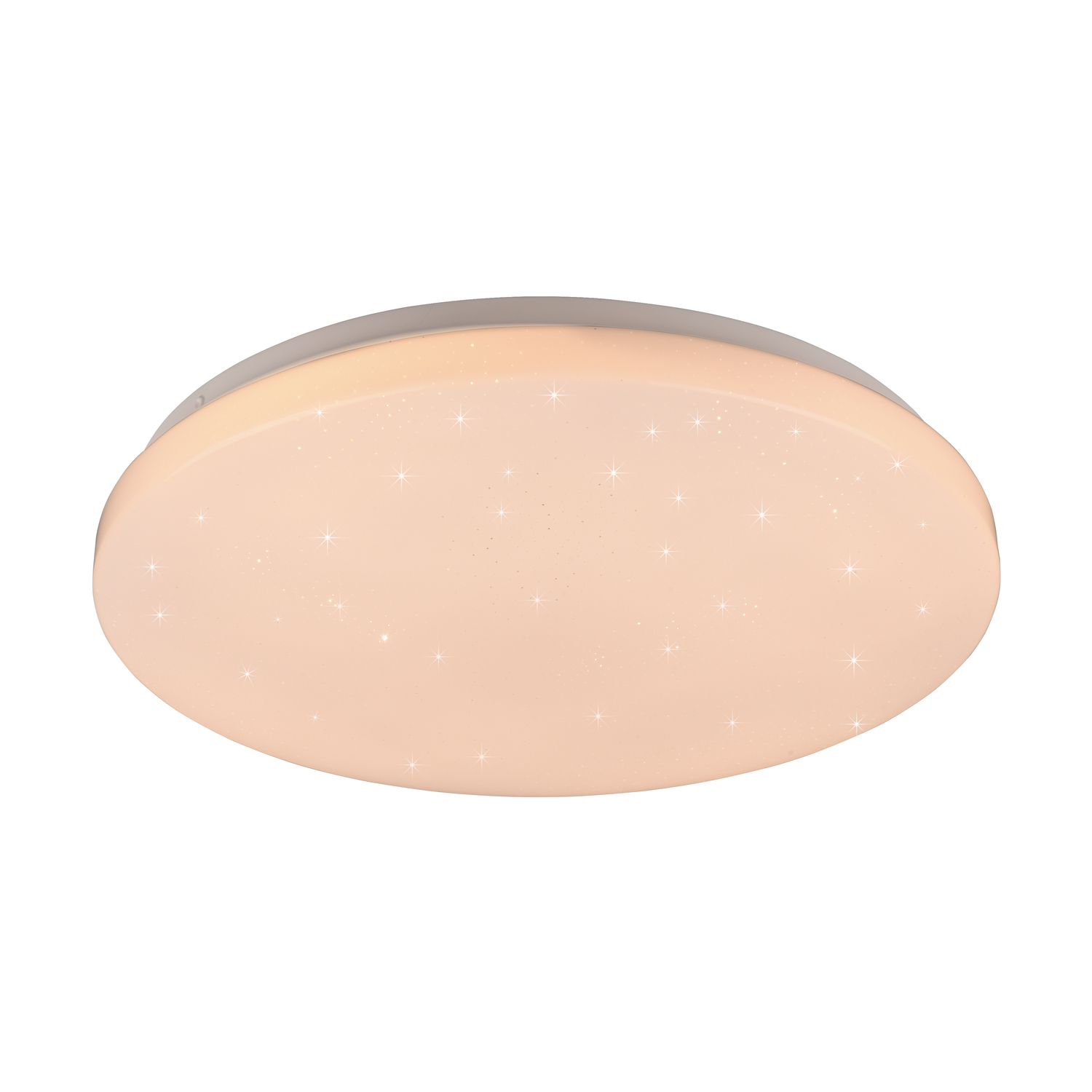 Lampada da soffitto rotonda e bianca che emette luce soffusa con piccoli punti luce a forma di stella.