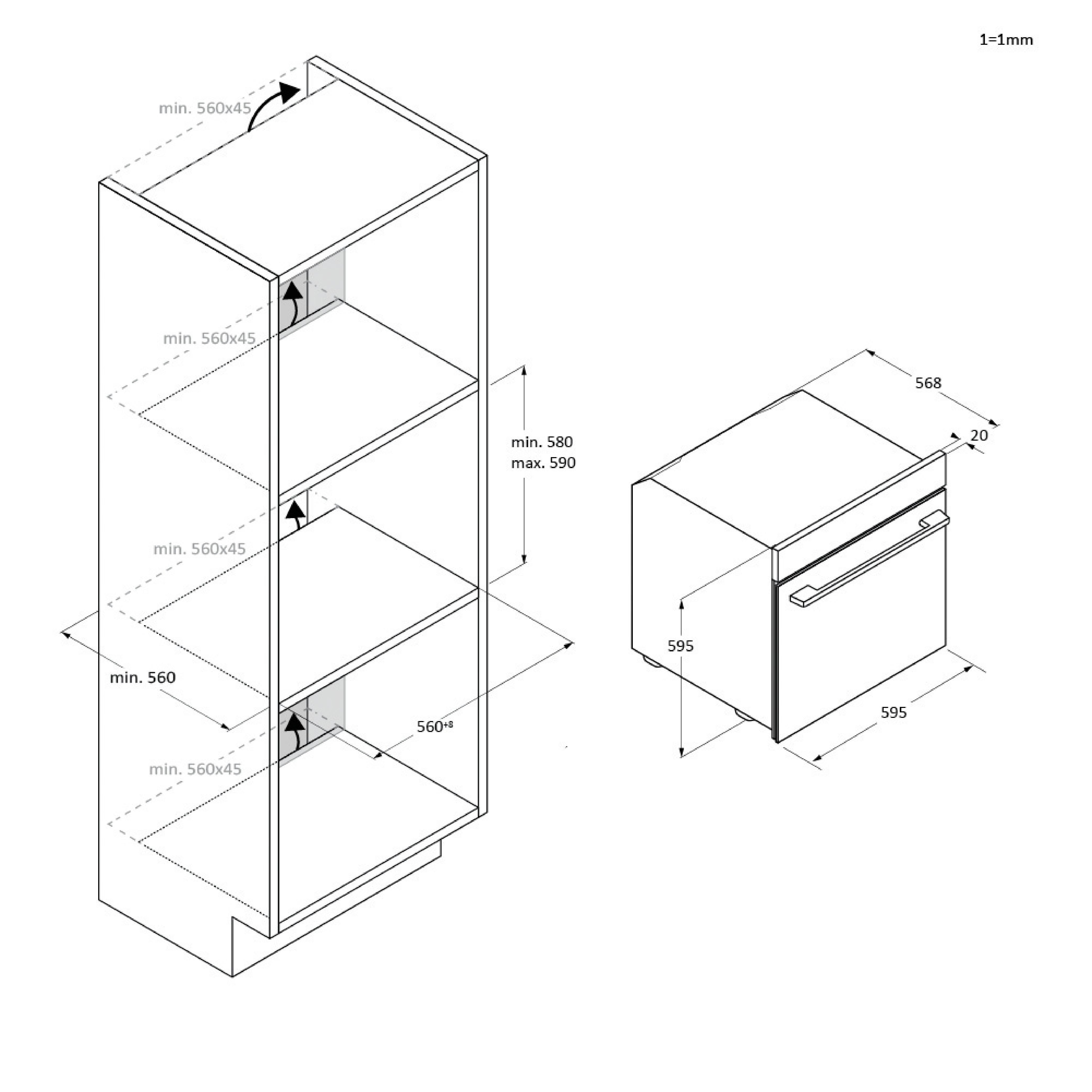 Diagramm mit Maßen eines Schranks und eines Geschirrspülers. Pfeile zeigen Abmessungen.