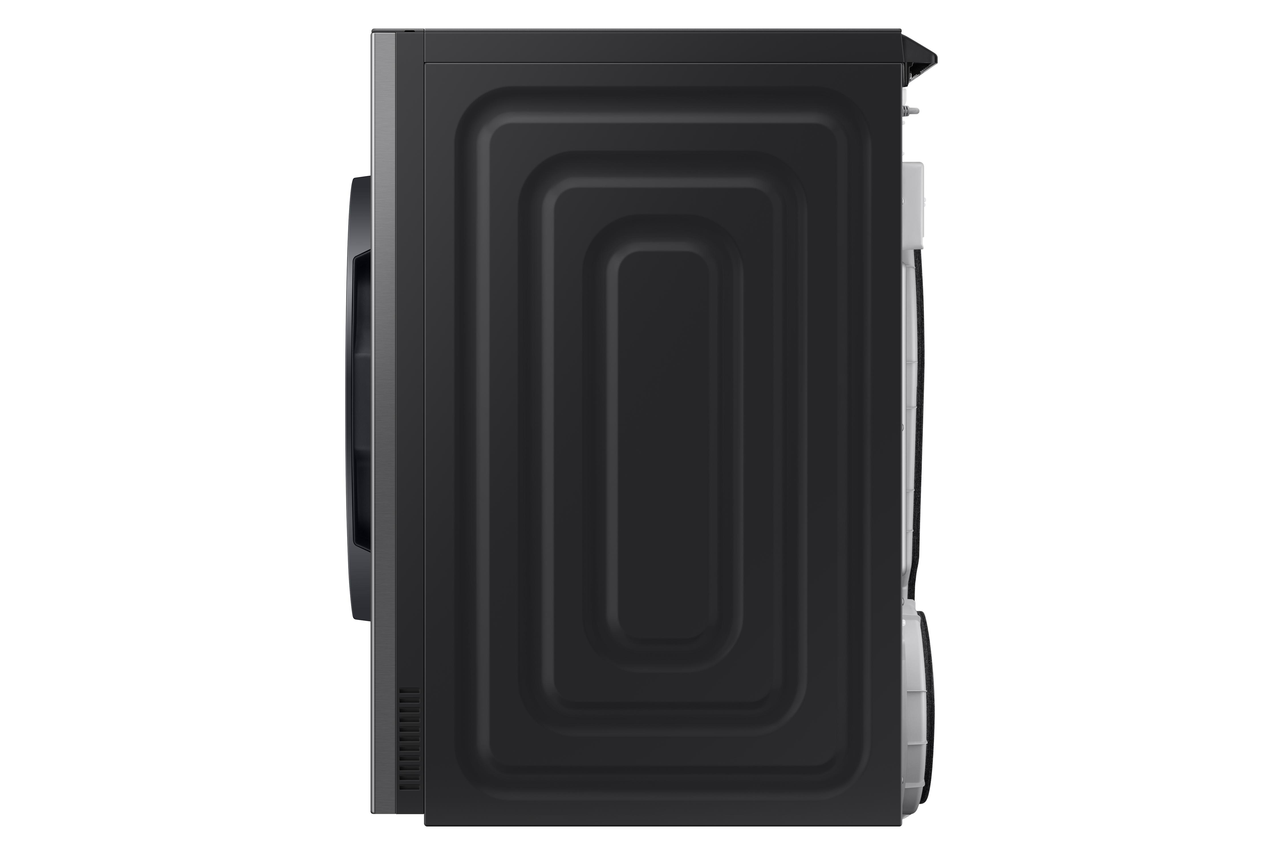 Schwarze Seite des Ofens, schwarzer Hintergrund, Abmessungen, weißer Hintergrund.