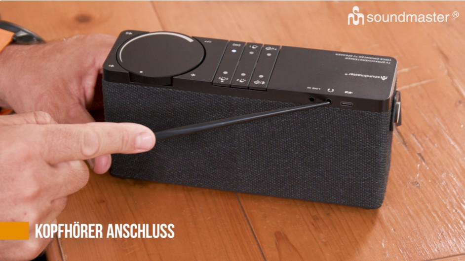 Person, die ein Kabel in den Line-In-Anschluss eines schwarzen Soundmaster-Lautsprechers steckt. Text ist sichtbar.