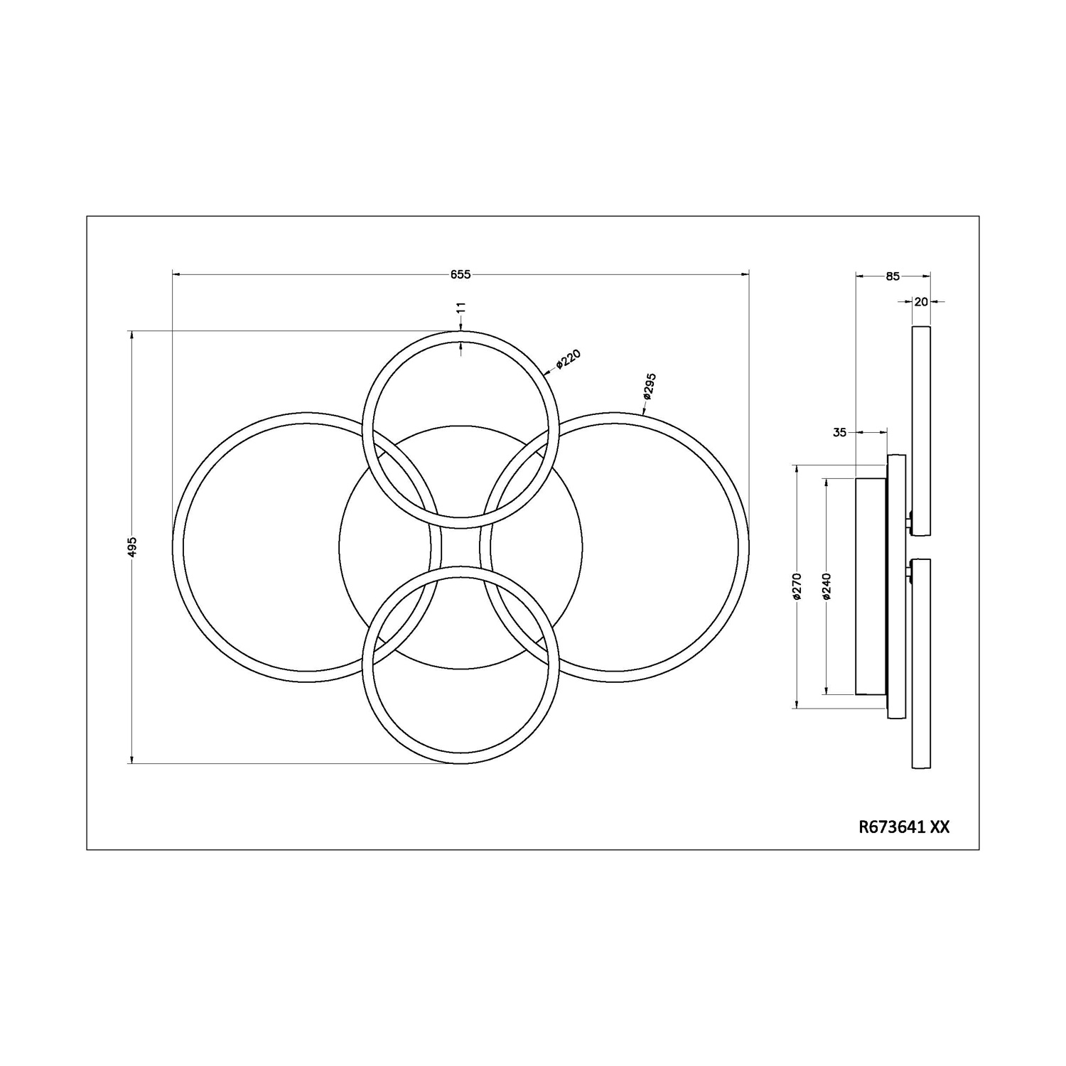 Disegno tecnico di un apparecchio di illuminazione decorativo, mostra forme circolari e dimensioni.