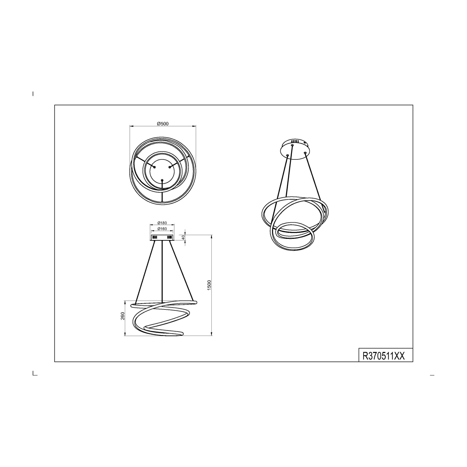 Disegno tecnico di una lampada a sospensione moderna, che mostra dimensioni e viste diverse.