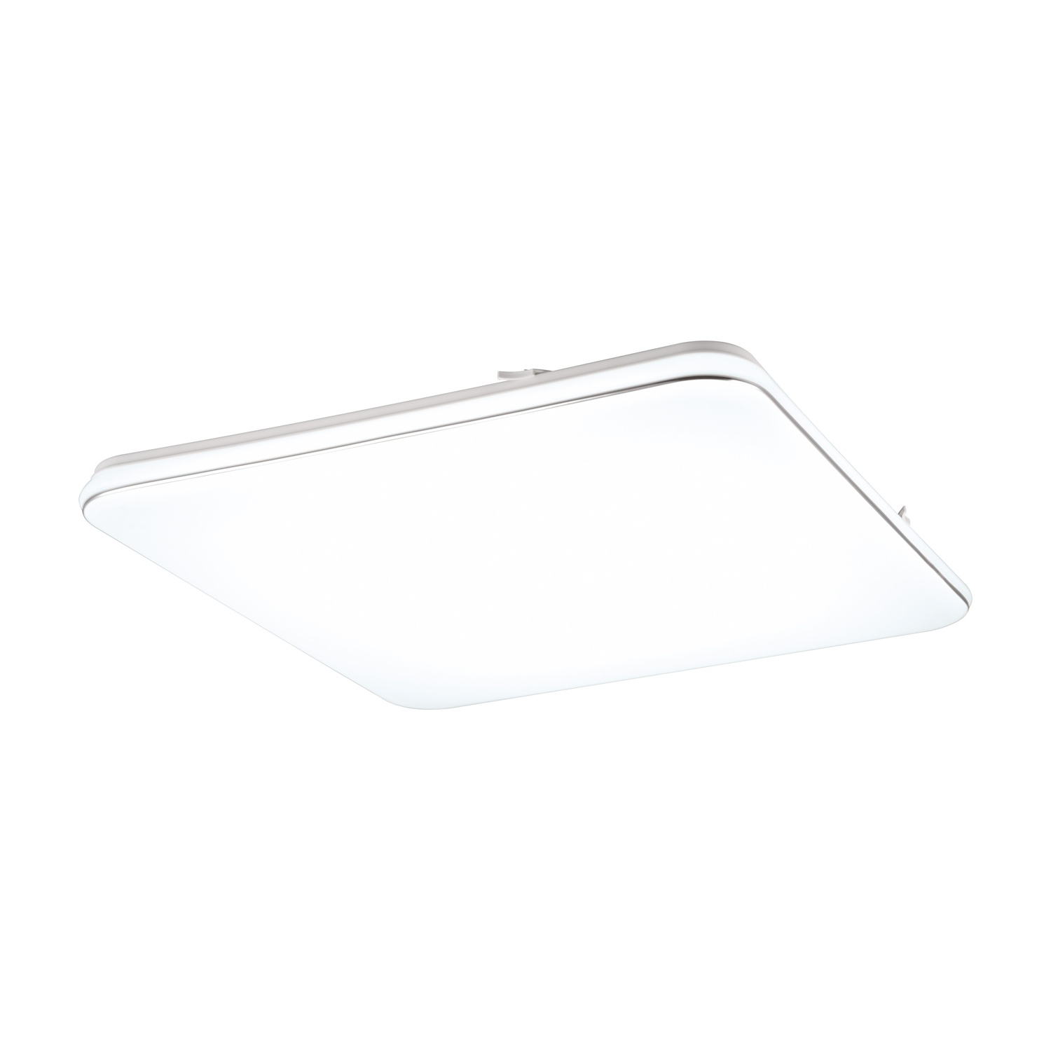Un apparecchio di illuminazione a soffitto quadrato a LED bianco. È acceso ed emette una luce bianca brillante.