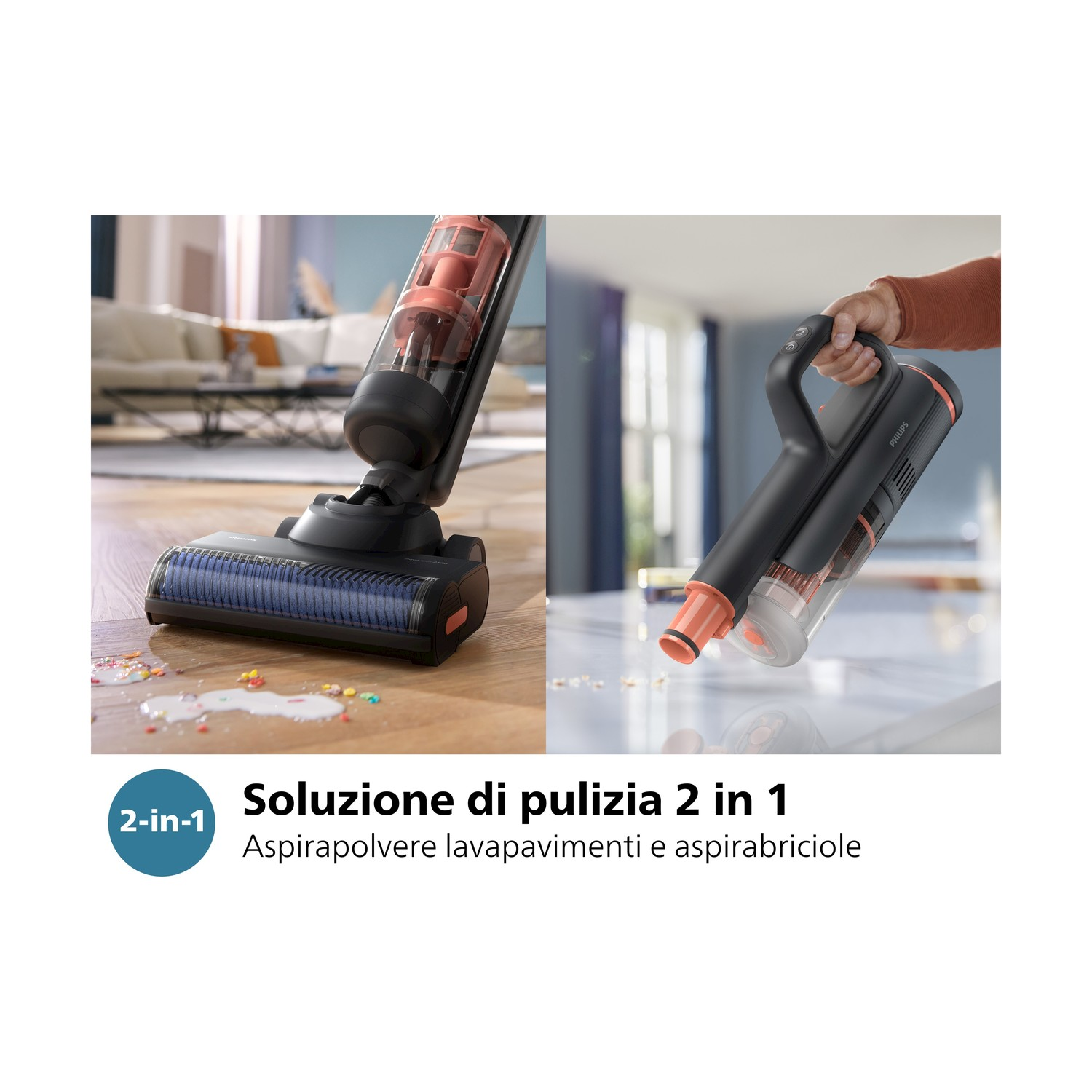 Un aspirapolvere e un aspirabriciole. Il dispositivo è nero e arancione, con pulizia ad acqua.