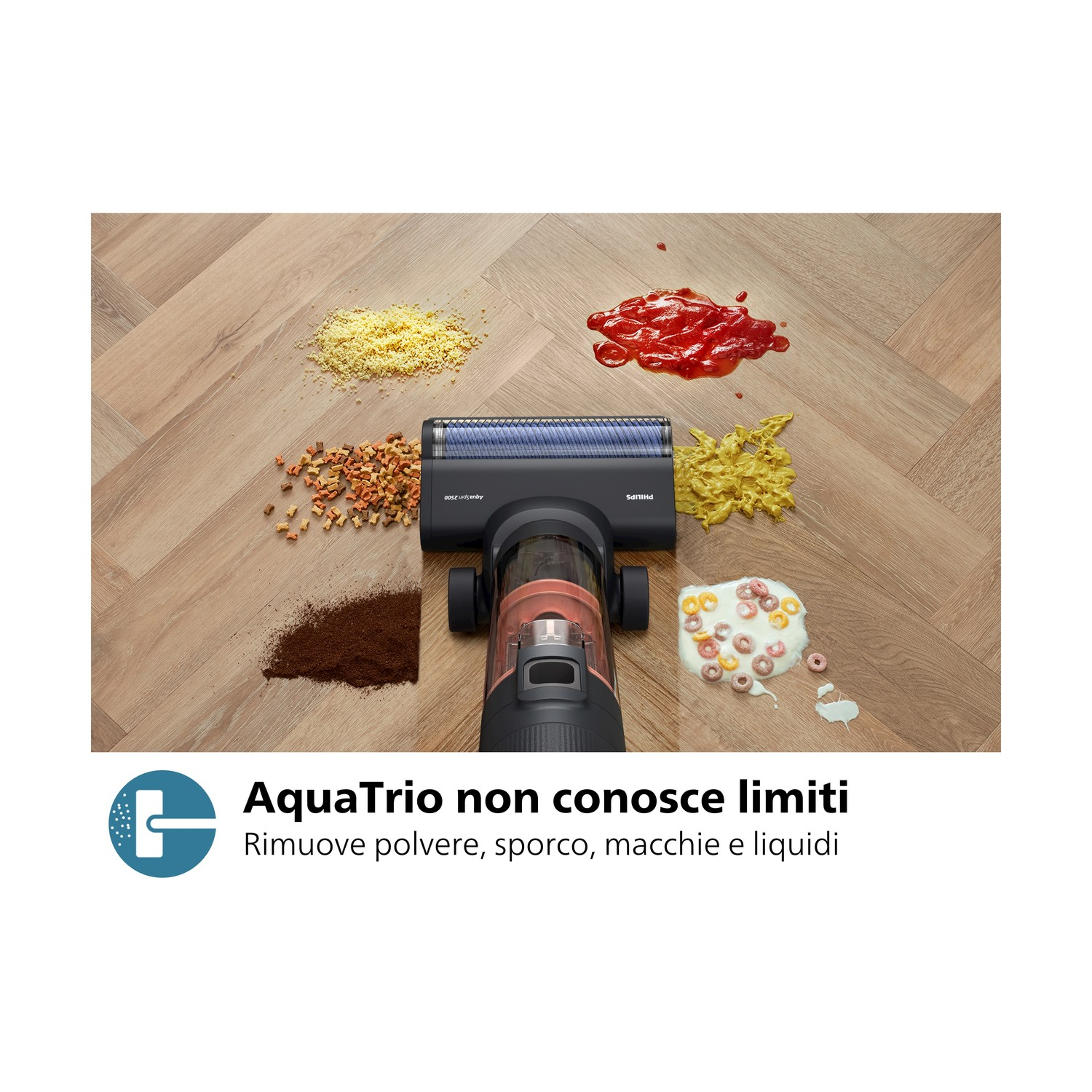 Aspirapolvere pulisce cibo sparso su pavimento in legno. Include briciole, salsa e cereali.
