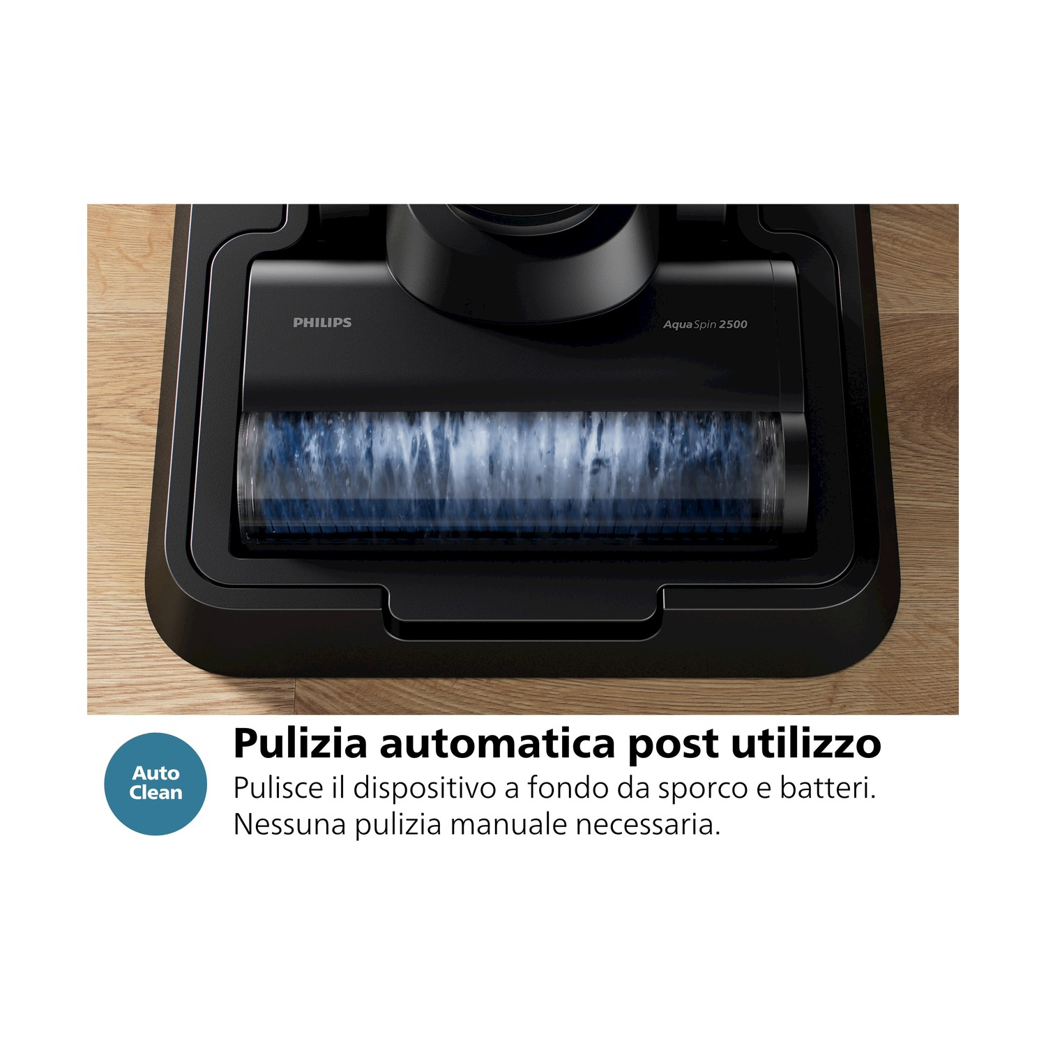 Testa di aspirapolvere nera con rullo blu.