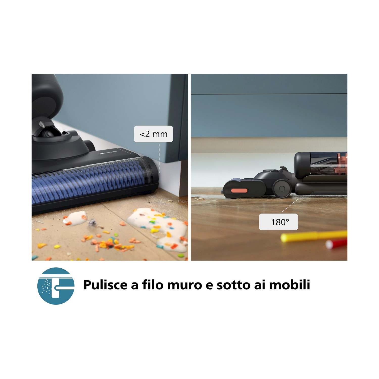 Due immagini di un aspirapolvere. Sinistra: pulizia della testina. Destra: angolo di 180 gradi.